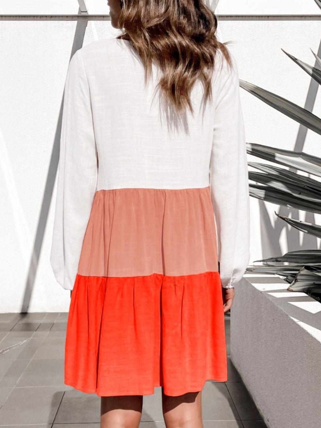 Contrast Round Neck Long Sleeve Dress - ClubOn