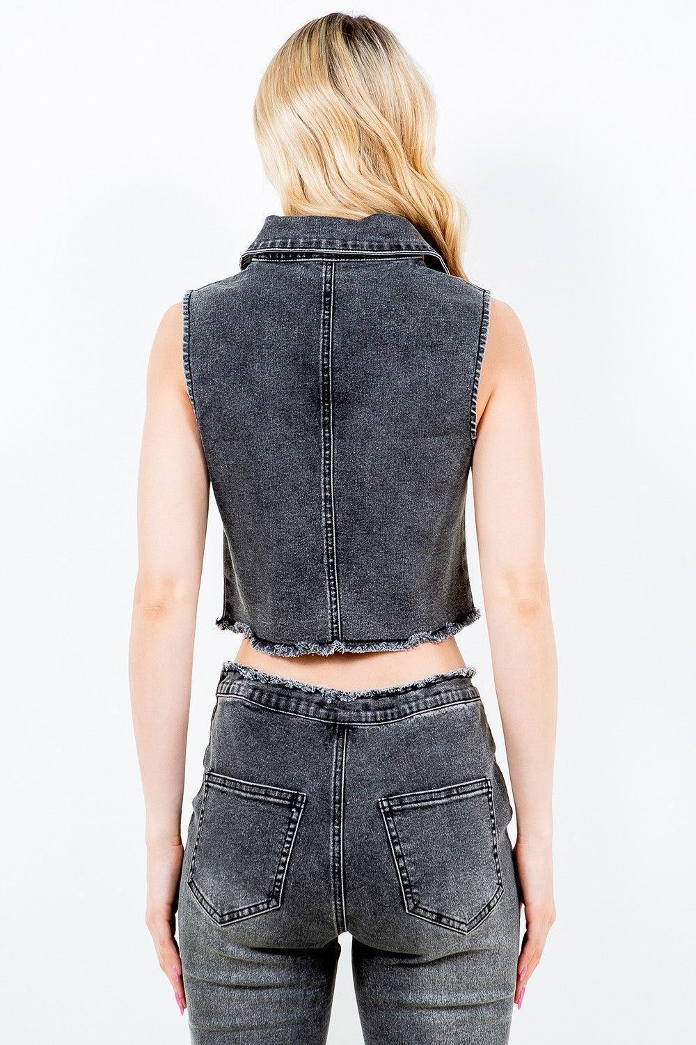 American Bazi Zip Up Washed Crop Denim Vest - ClubOn