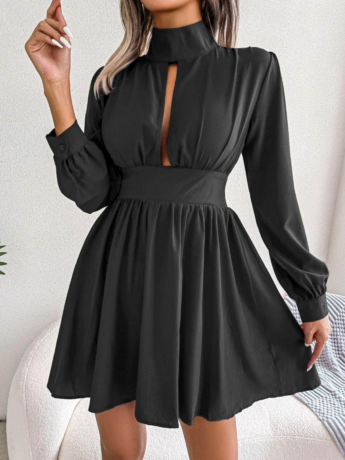 Cutout Turtleneck A-Line Mini Dress - ClubOn