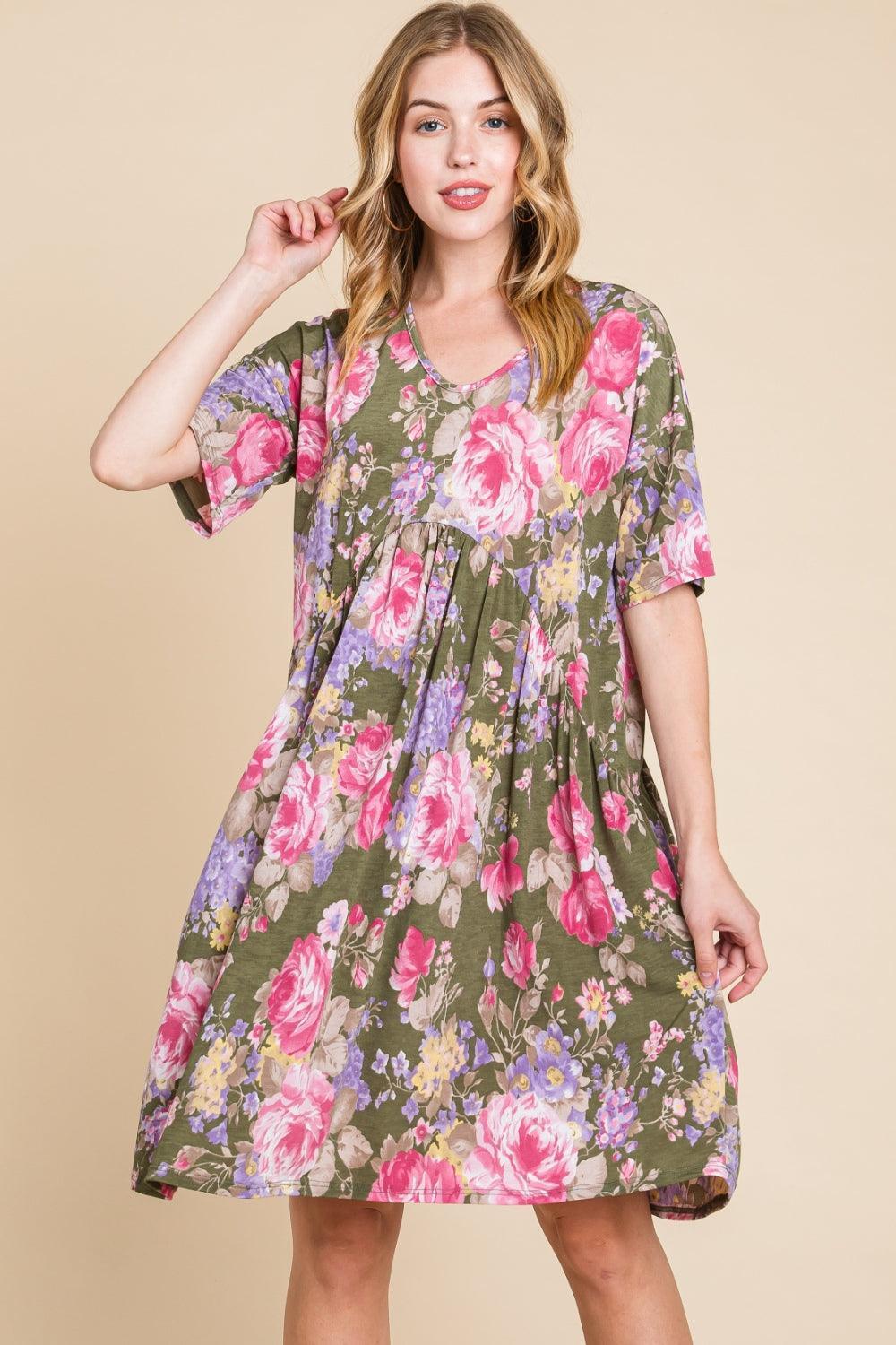 BOMBOM Flower Print V-Neck Ruched Dress - ClubOn