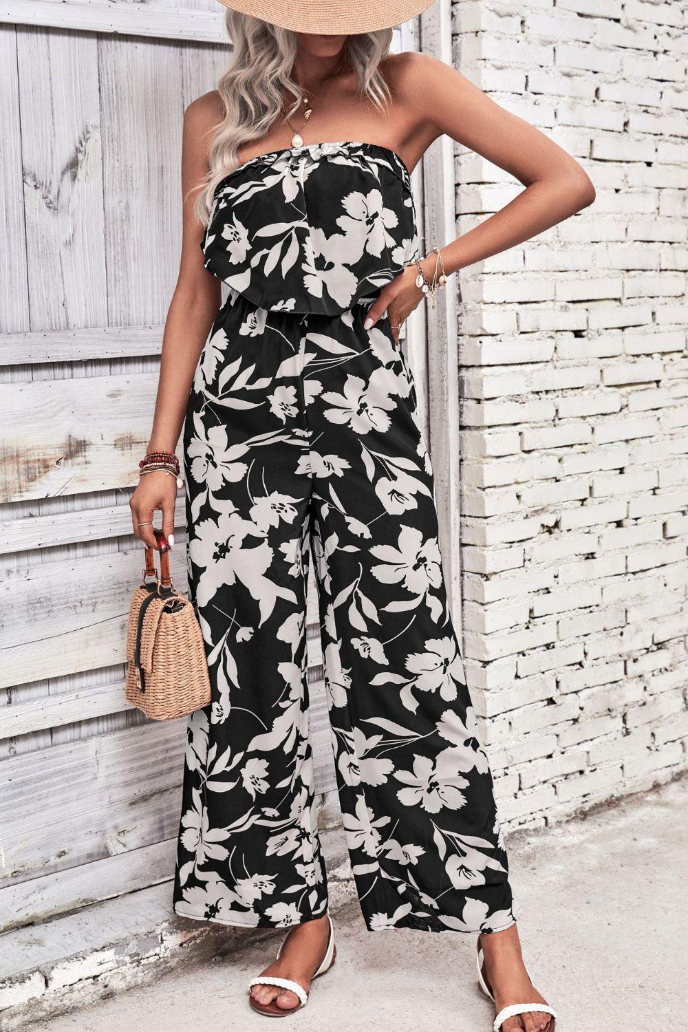 Perfee Floral Strapless Wide Leg Jumpsuit - ClubOn