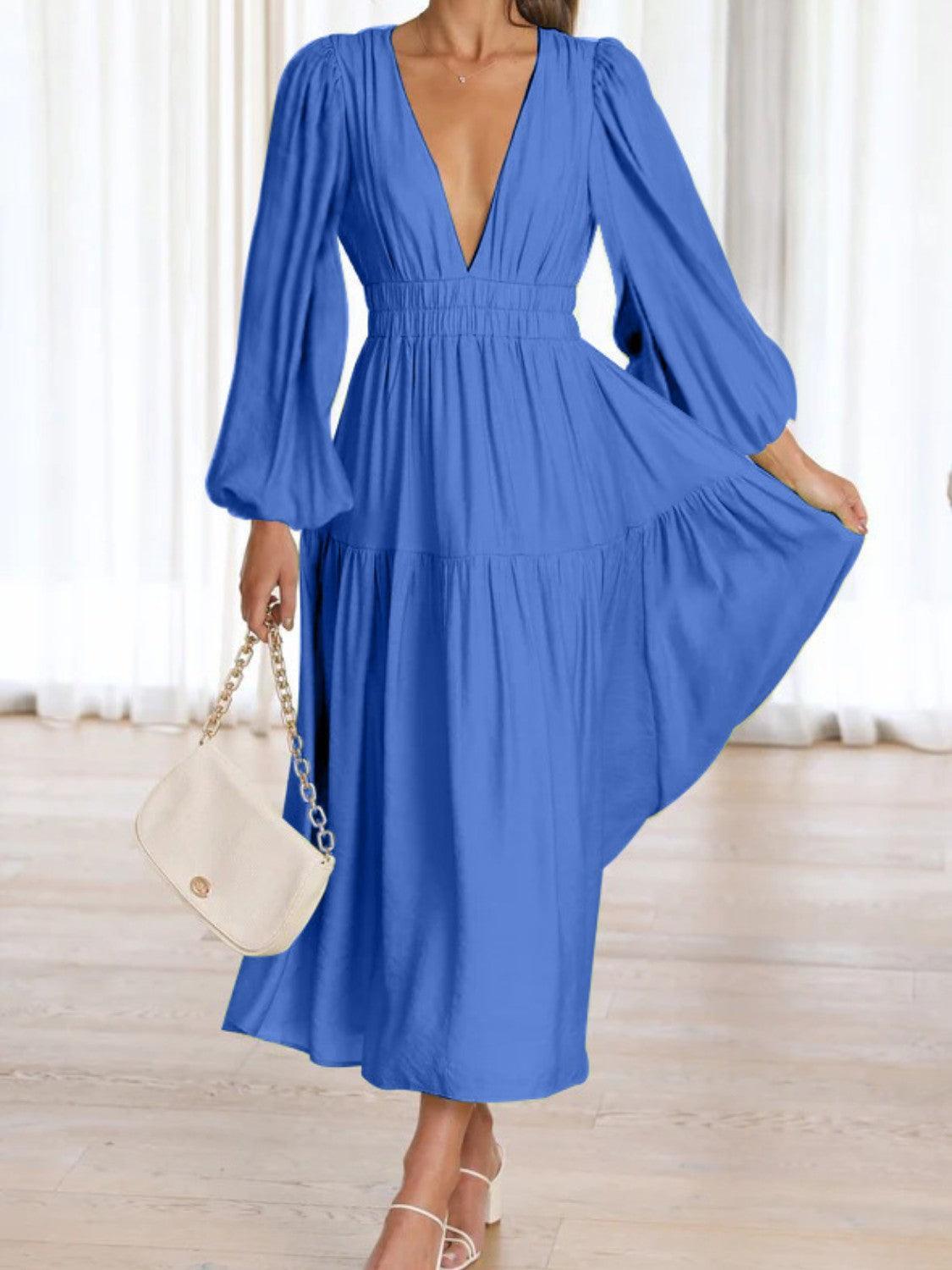 Deep V-Neck Balloon Sleeve Plain Maxi Dress - ClubOn