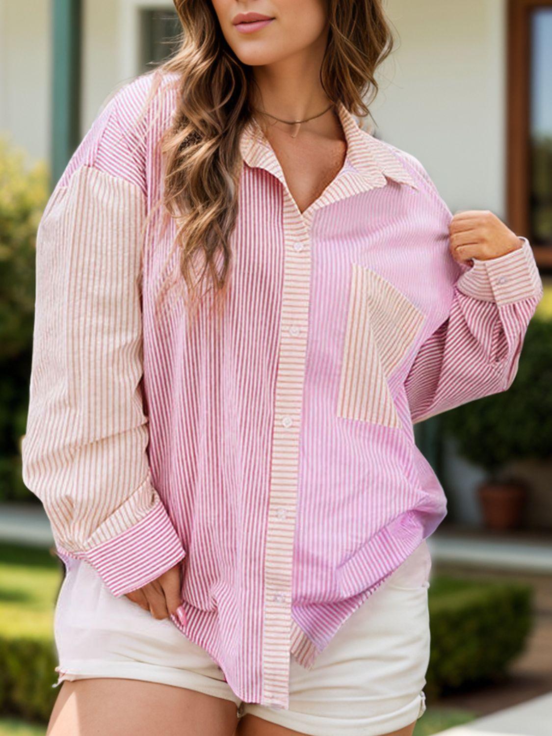 Plus Size Striped Collared Neck Long Sleeve Shirt - ClubOn