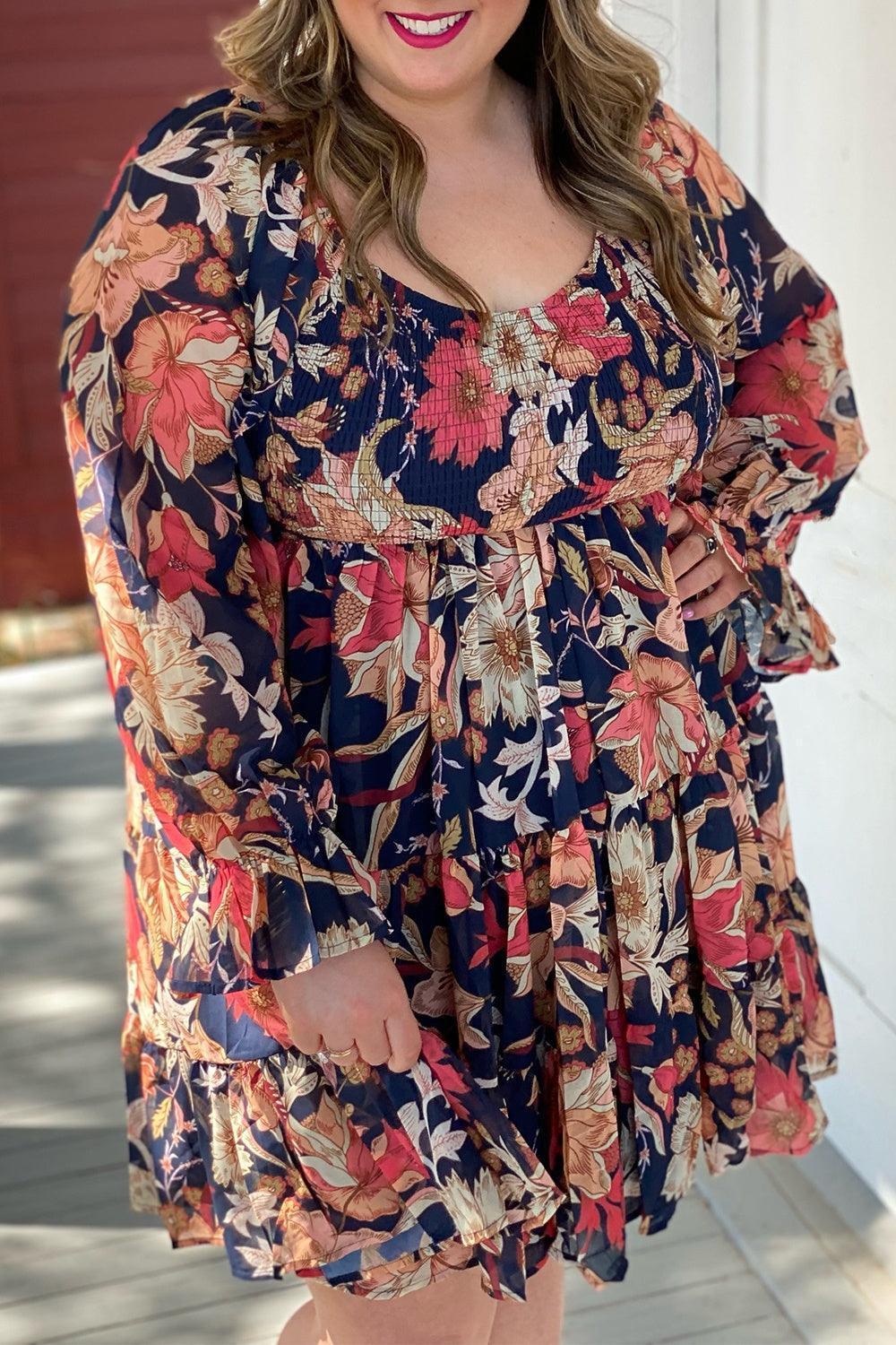 Plus Size Smocked Printed Long Sleeve Dress - ClubOn