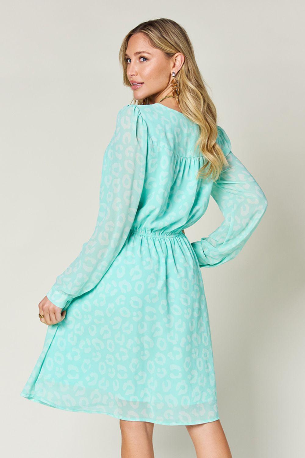 Double Take Full Size Printed Ruched V-Neck Long Sleeve Dress - ClubOn