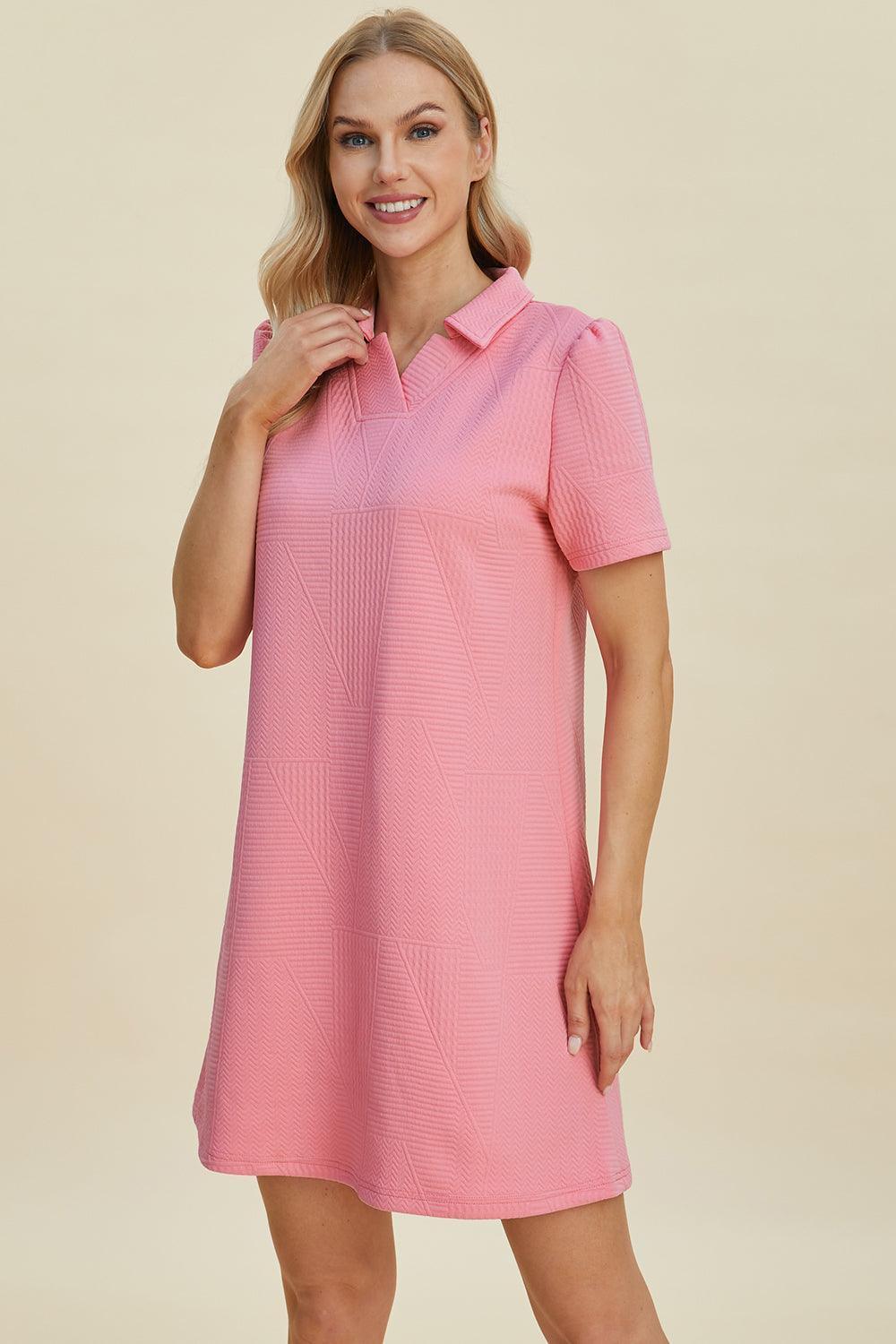 Double Take Full Size Texture Short Sleeve Dress - ClubOn