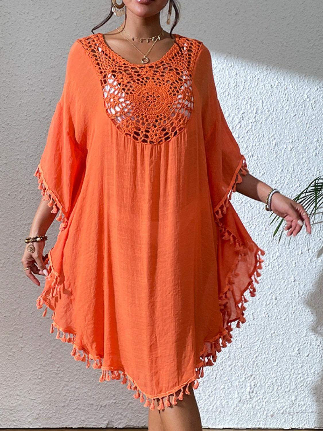 Tassel Cutout Scoop Neck Cover-Up Dress - ClubOn