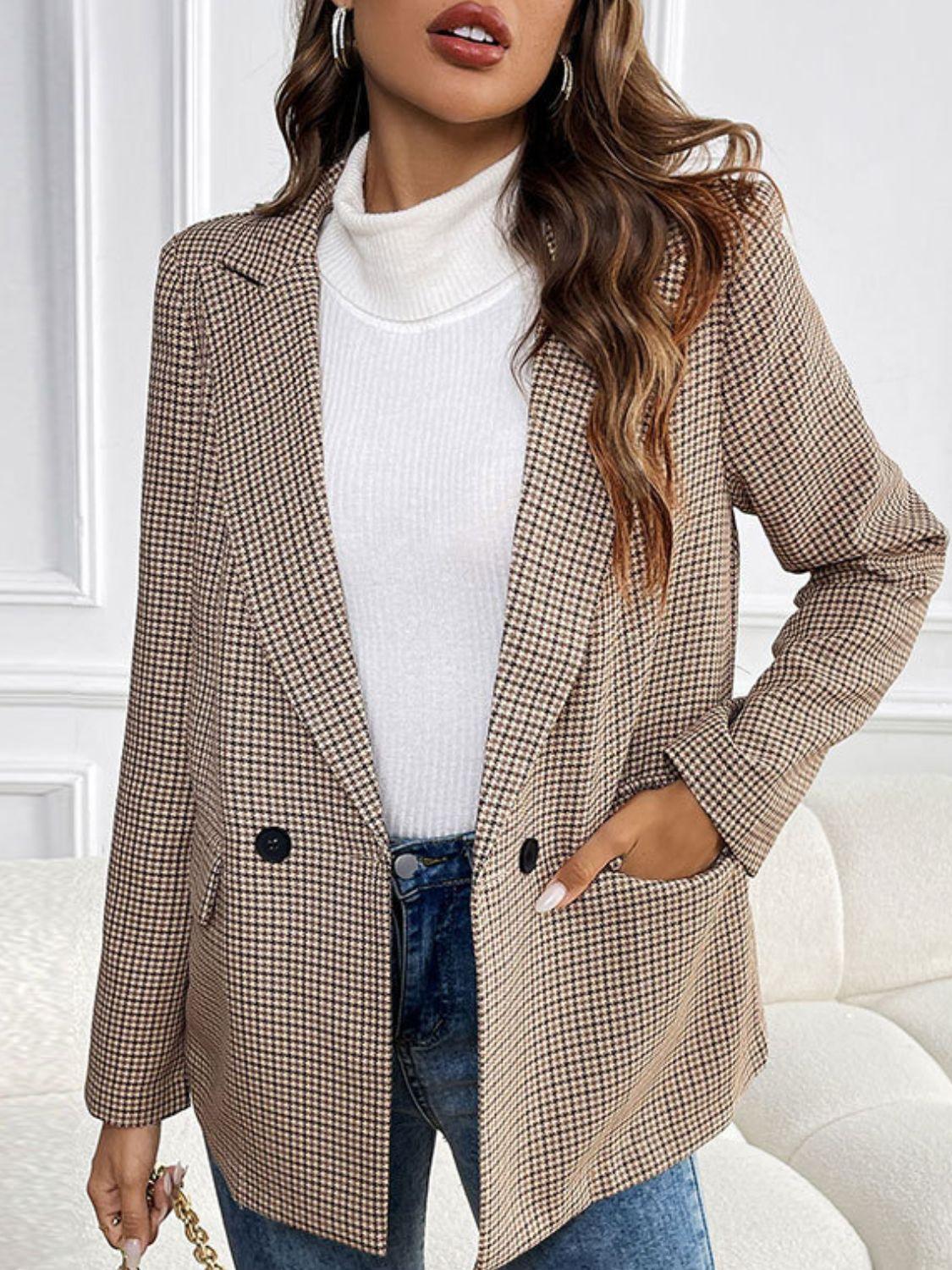 Perfee Plaid Lapel Collar Long Sleeve Blazer - ClubOn