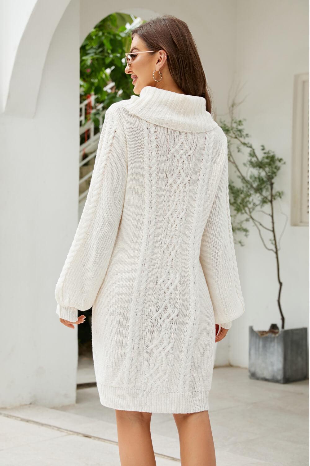 Woven Right Mixed Knit Turtleneck Lantern Sleeve Sweater Dress - ClubOn
