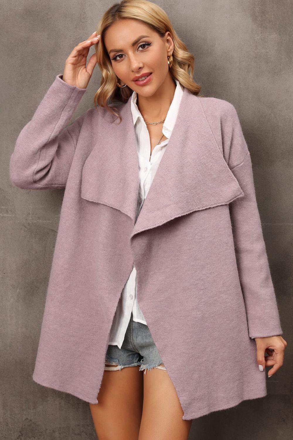 Angel Wings Waterfall Collar Longline Cardigan with Side Pockets - ClubOn
