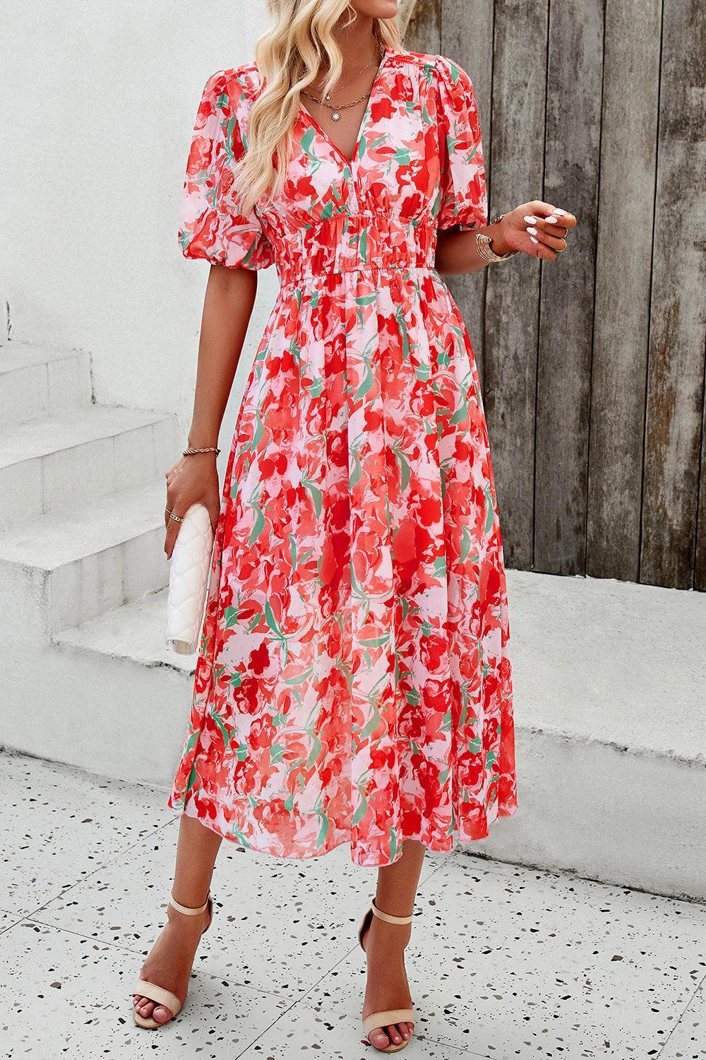 Devine Smocked Printed V-Neck Short Sleeve Dress - ClubOn