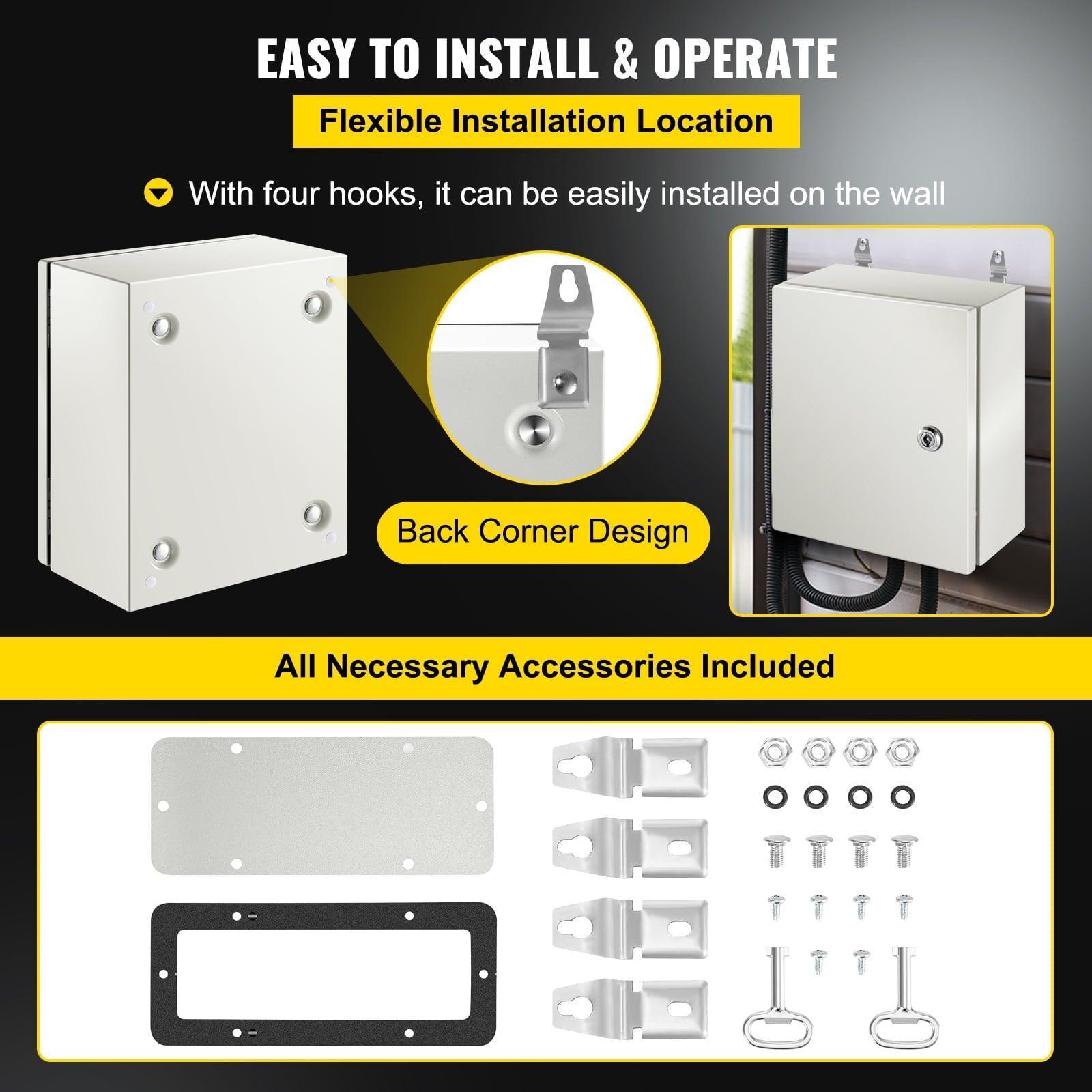 SKYSHALO Steel Electrical Box 12” x 10” x 6” – IP65 Weatherproof Hinged Junction Box with Mounting Plate (Carbon Steel) - ClubOn