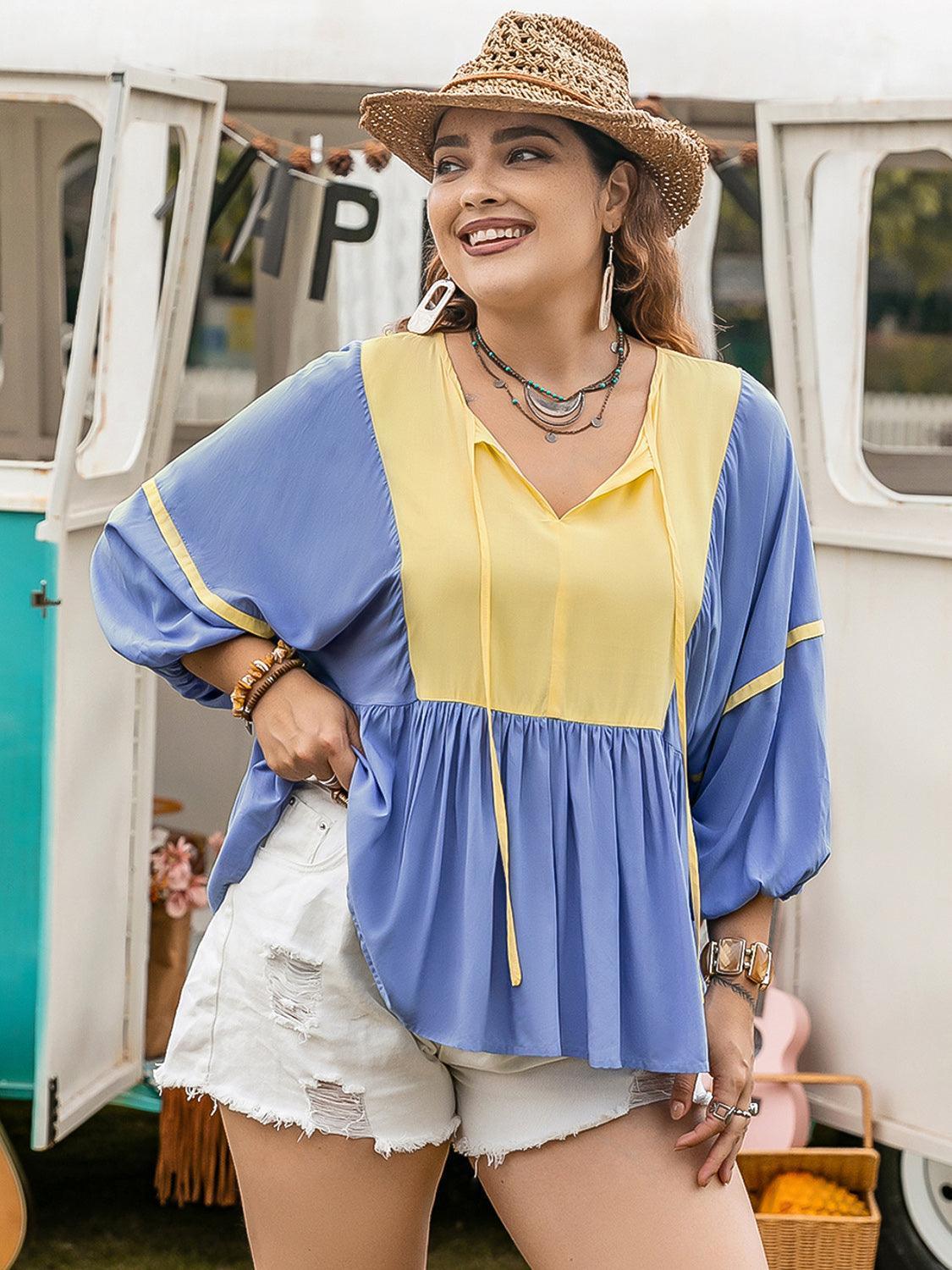 Plus Size Ruched Tie Neck Balloon Sleeve Blouse - ClubOn