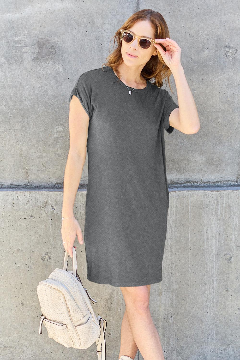 Basic Bae Full Size Round Neck Short Sleeve Dress with Pockets - ClubOn
