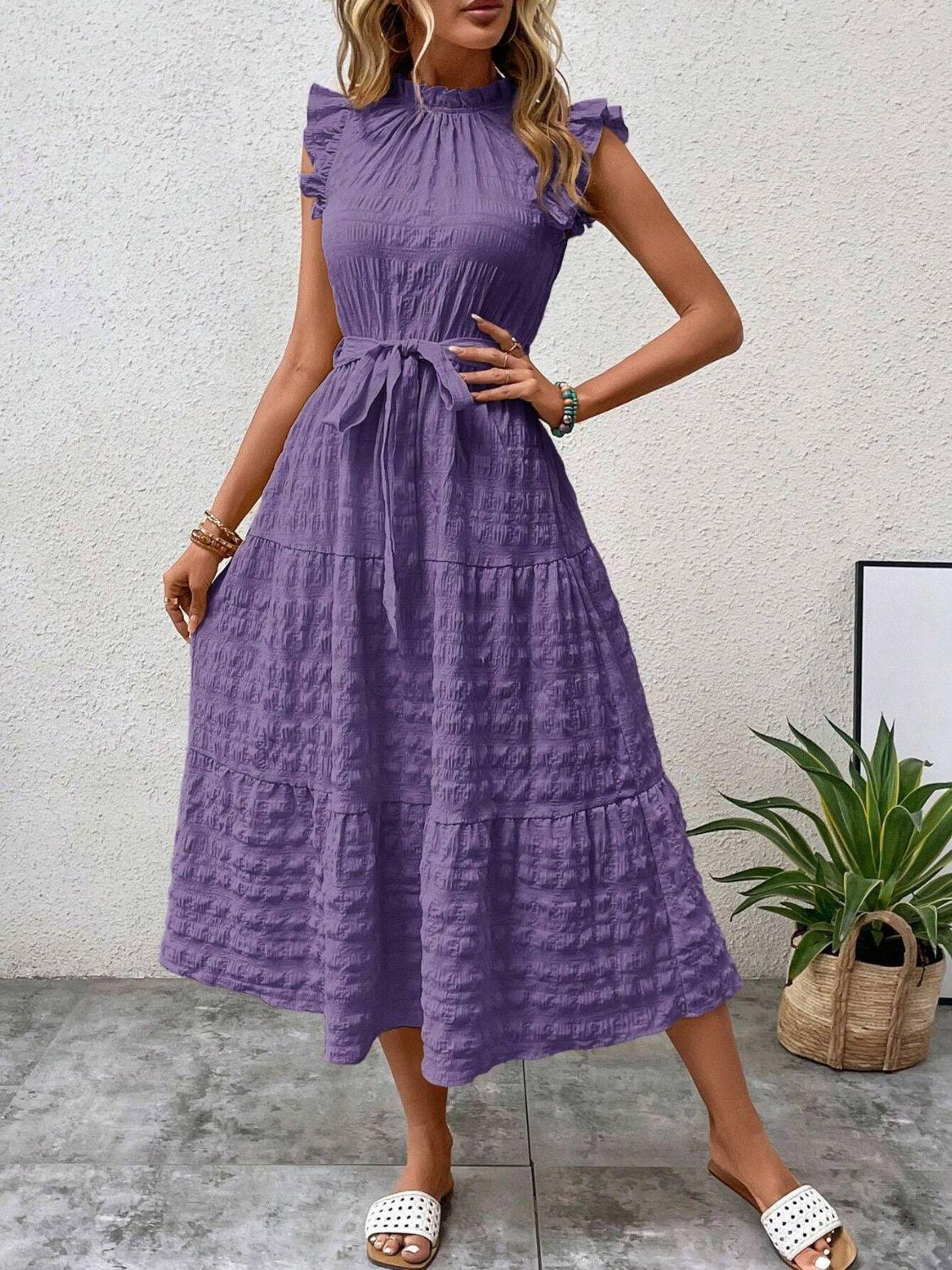Tied Ruffled Cap Sleeve Midi Dress - ClubOn