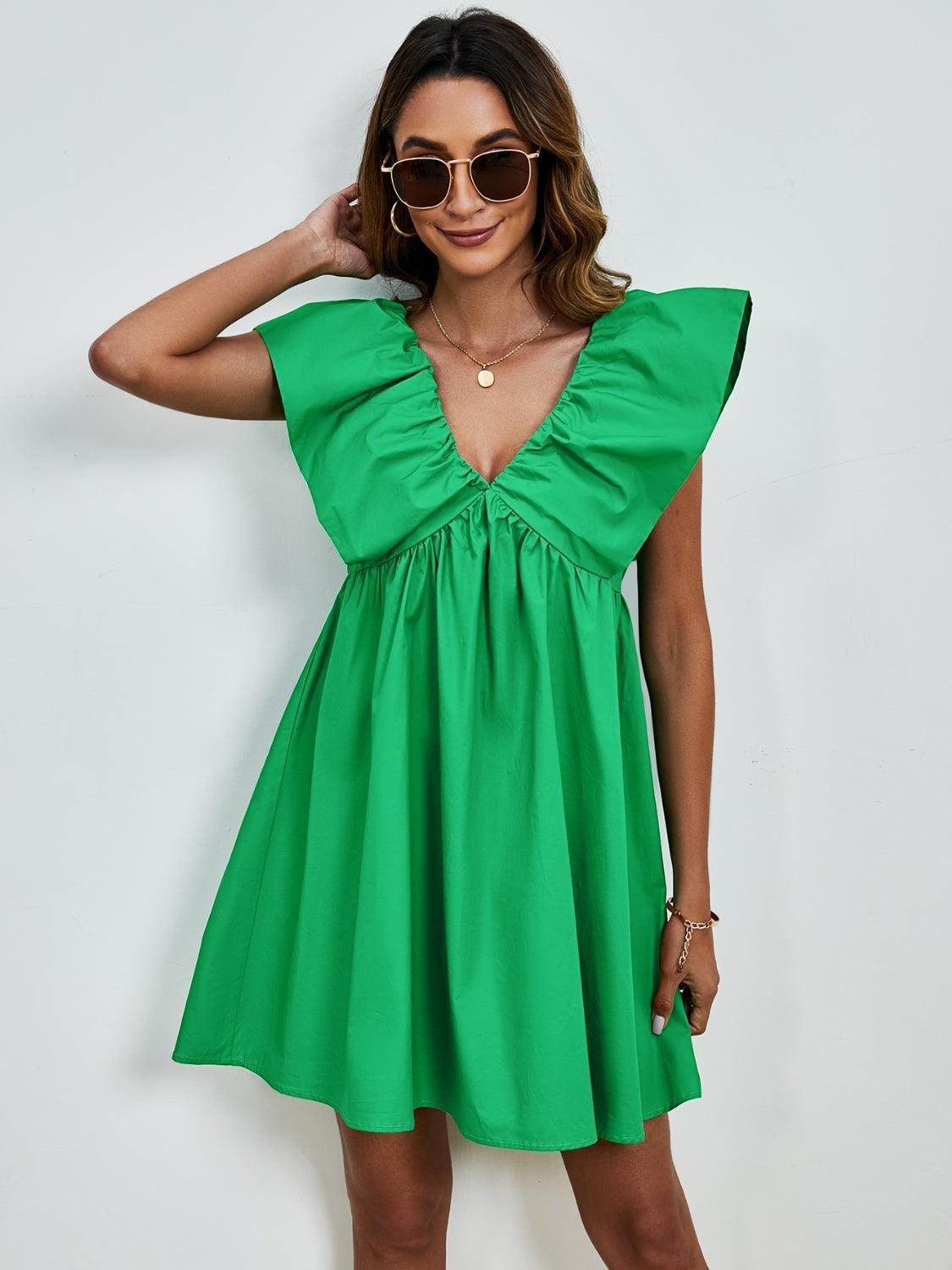V-Neck Cap Sleeve Mini Dress - ClubOn