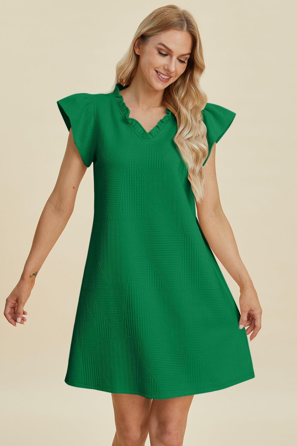 Double Take Full Size Ruffled V-Neck Cap Sleeve Dress - ClubOn