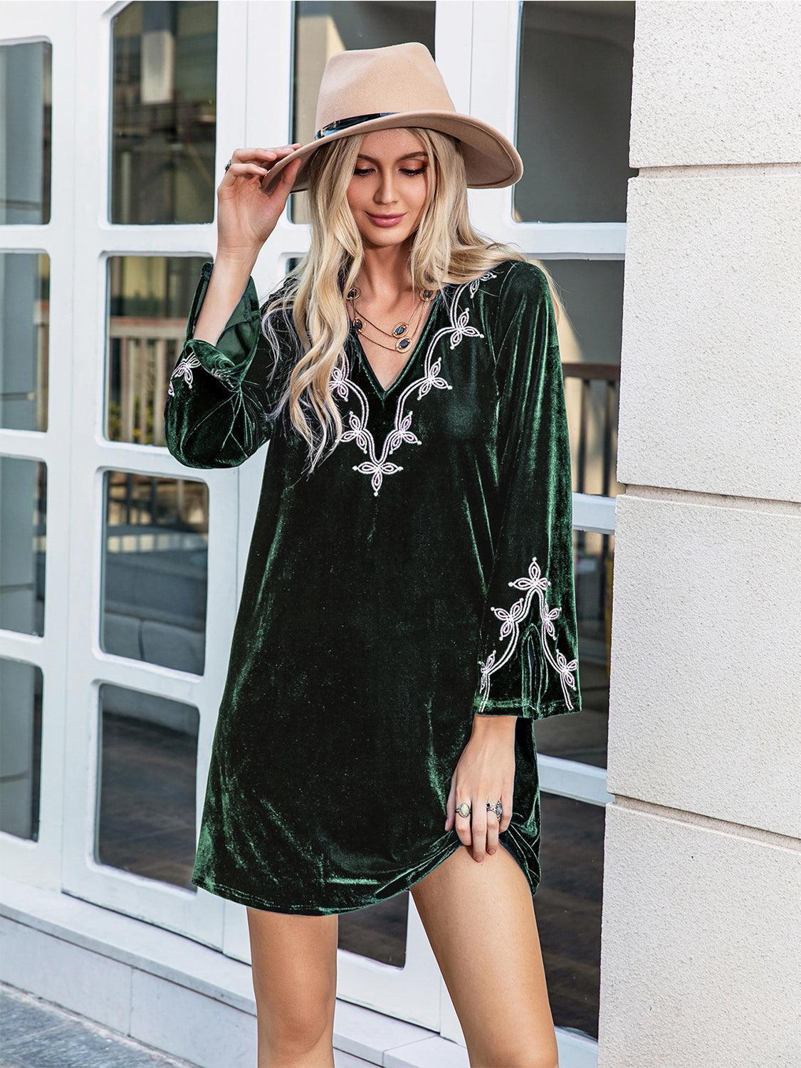 V-Neck Slit Sleeve Mini Dress - ClubOn