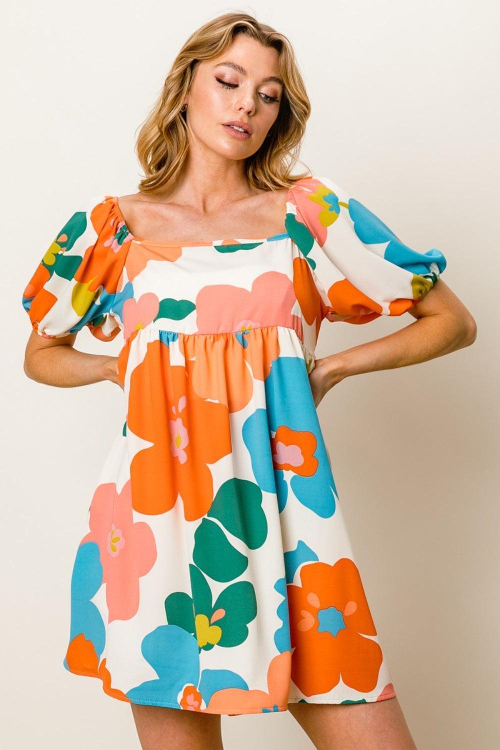 BiBi Floral Puff Sleeve Mini Dress - ClubOn