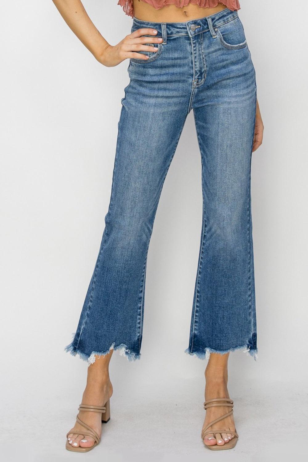 RISEN High Waist Raw Hem Flare Jeans - ClubOn