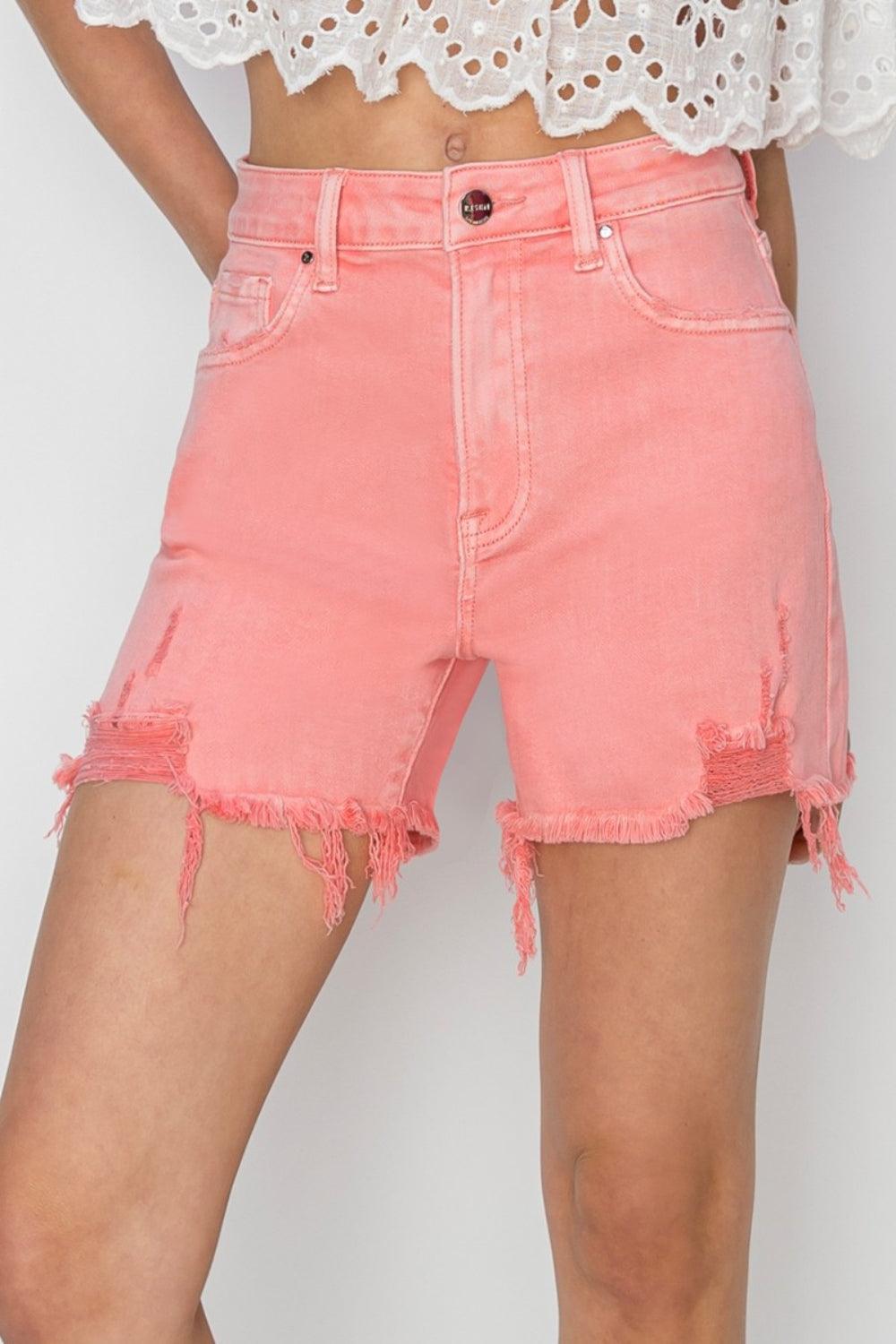 RISEN High Rise Distressed Denim Shorts - ClubOn