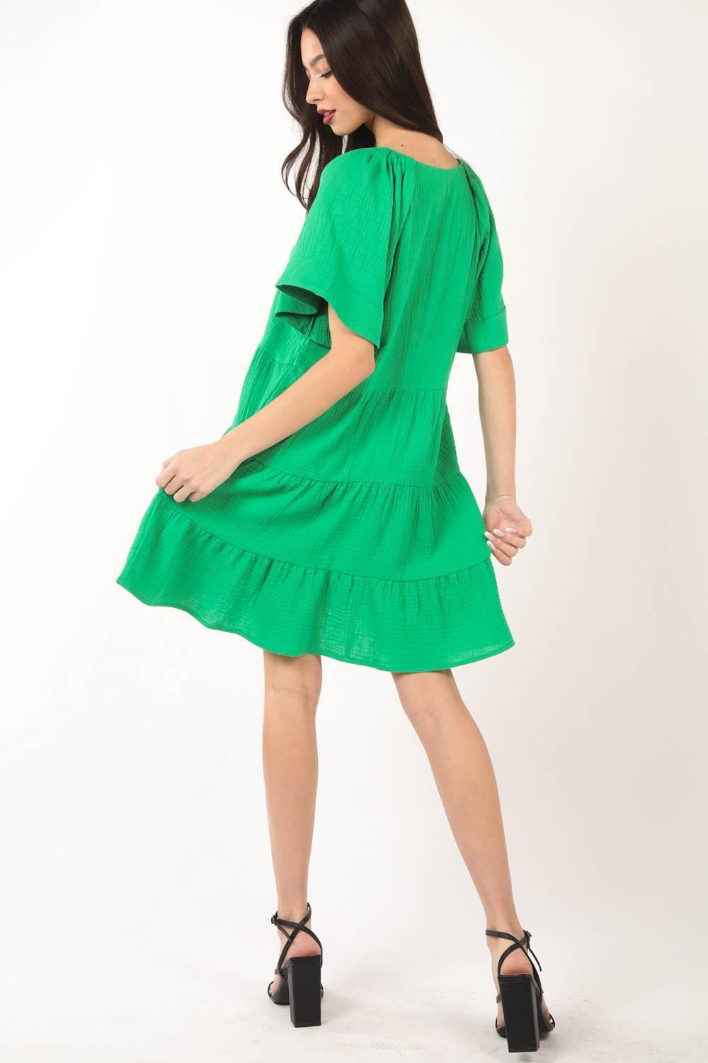 VERY J Texture V-Neck Ruffled Tiered Dress - ClubOn
