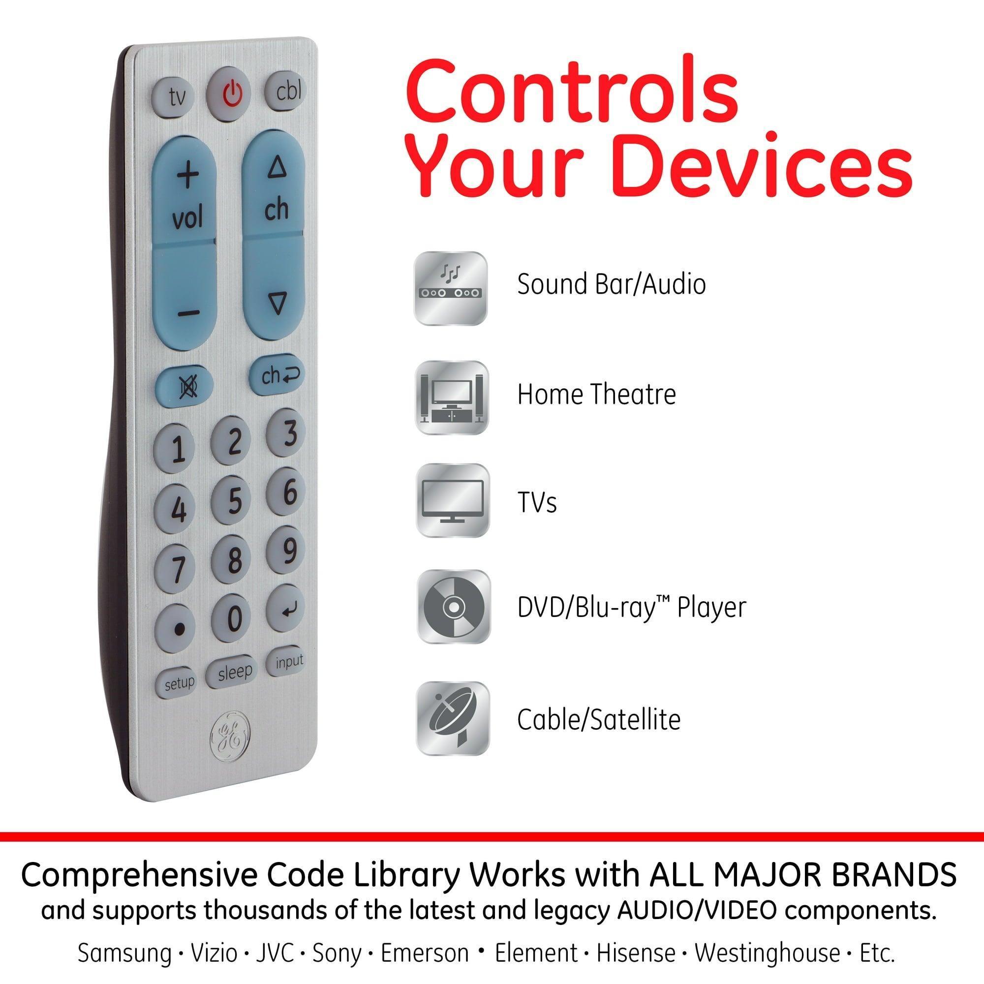 GE 2-Device Big Button Universal TV Remote Control – Easy-to-Use Silver, Model 69882 - ClubOn