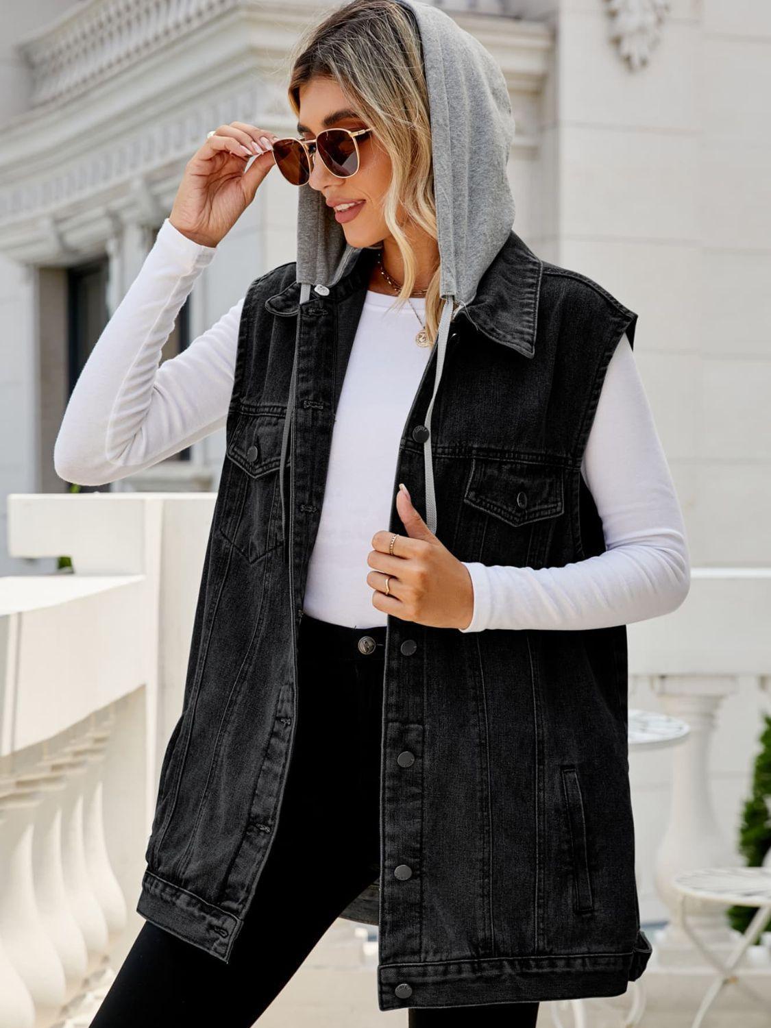 Drawstring Hooded Sleeveless Denim Top with Pockets - ClubOn