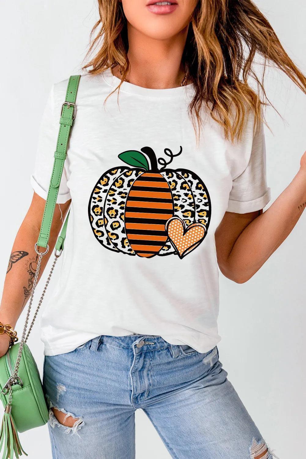 Pumpkin Graphic Round Neck Short Sleeve T-Shirt - ClubOn