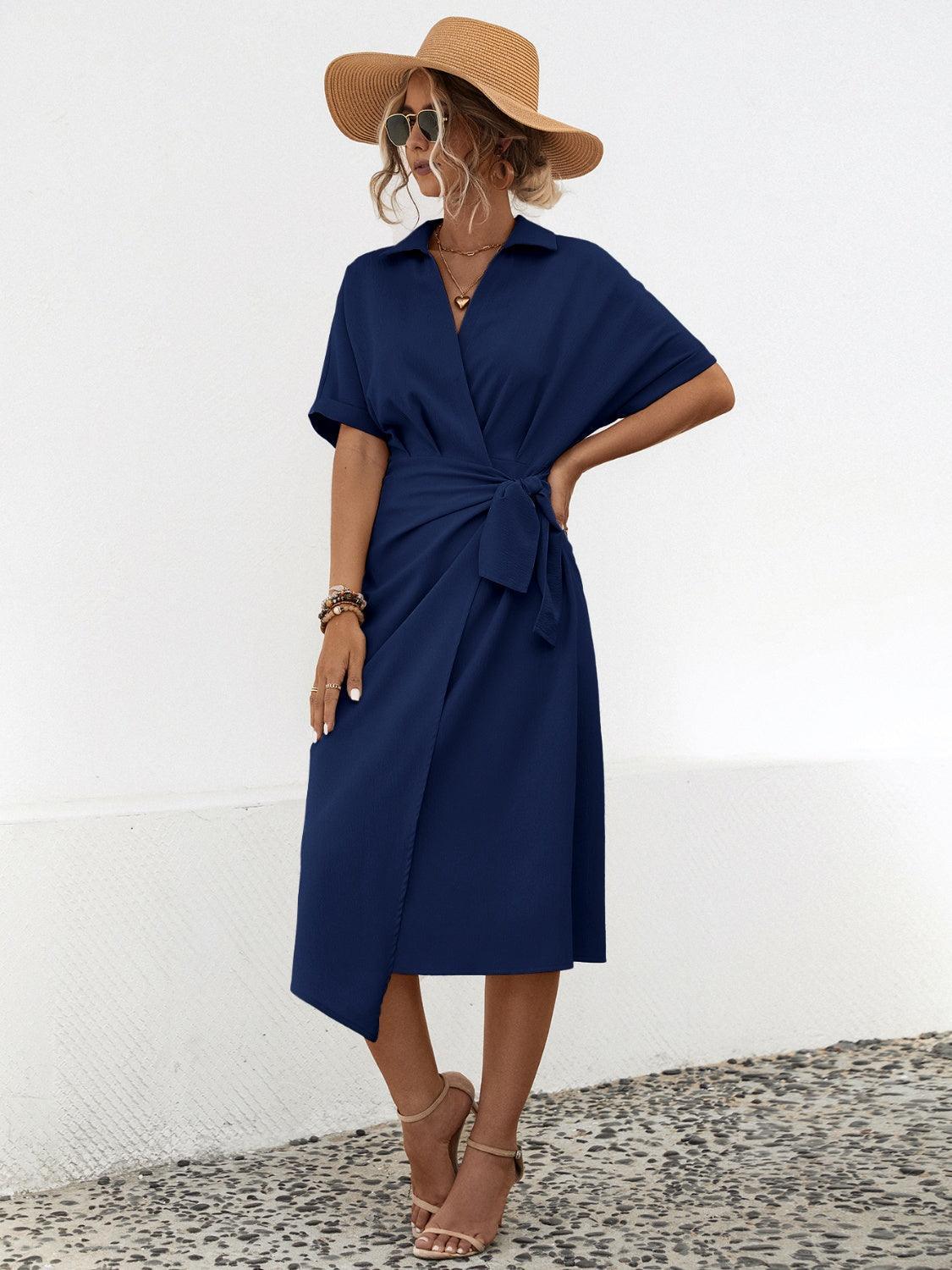 Tied Slit Short Sleeve Dress - ClubOn