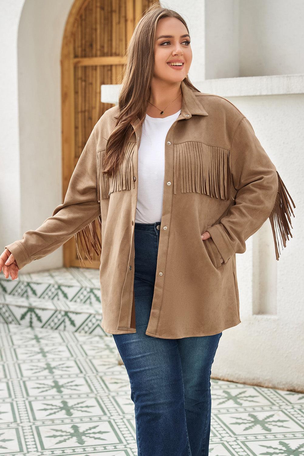 Plus Size Fringe Trim Snap Down Long Sleeve Shacket - ClubOn