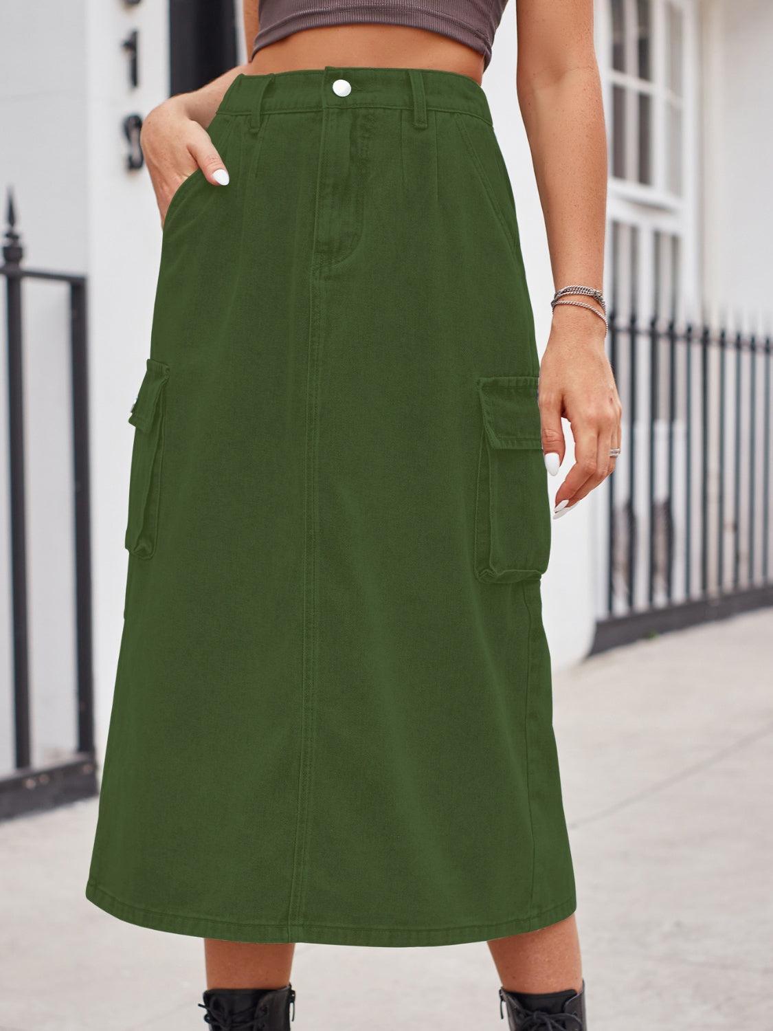 Slit Buttoned Denim Skirt with Pockets - ClubOn