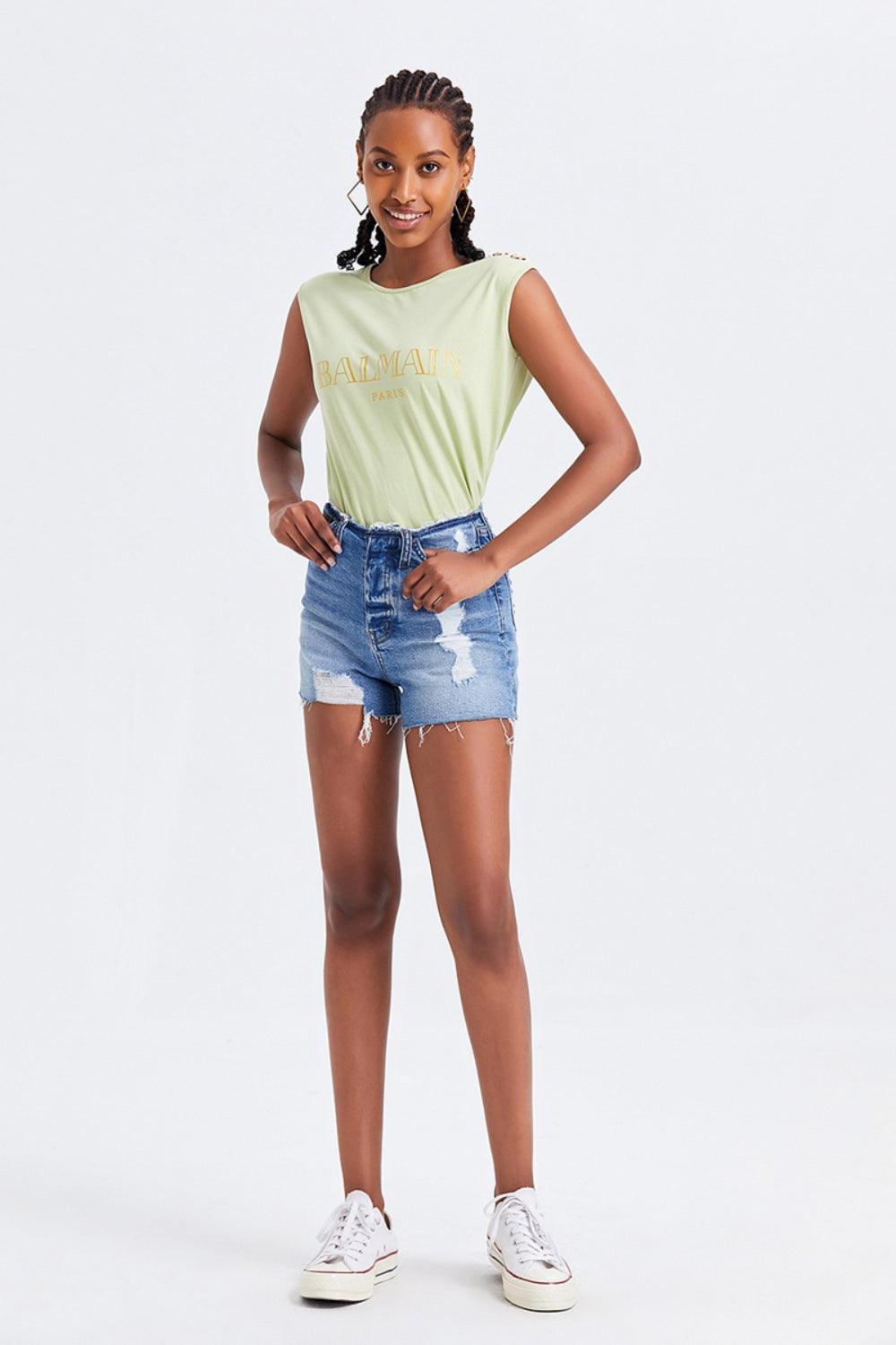 BAYEAS High Rise Bandless Denim Shorts - ClubOn