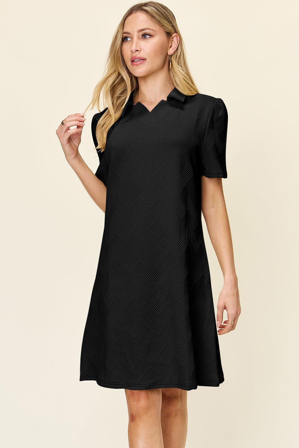 Double Take Full Size Texture Collared Neck Short Sleeve Dress - ClubOn