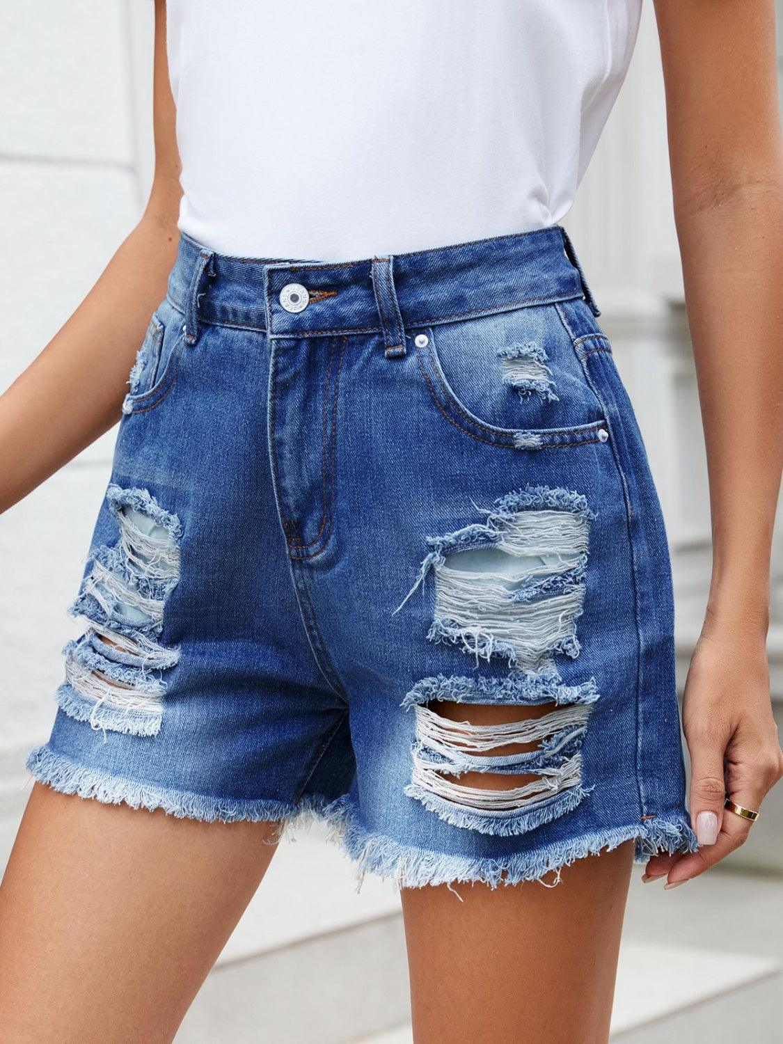 Distressed Raw Hem Denim Shorts - ClubOn