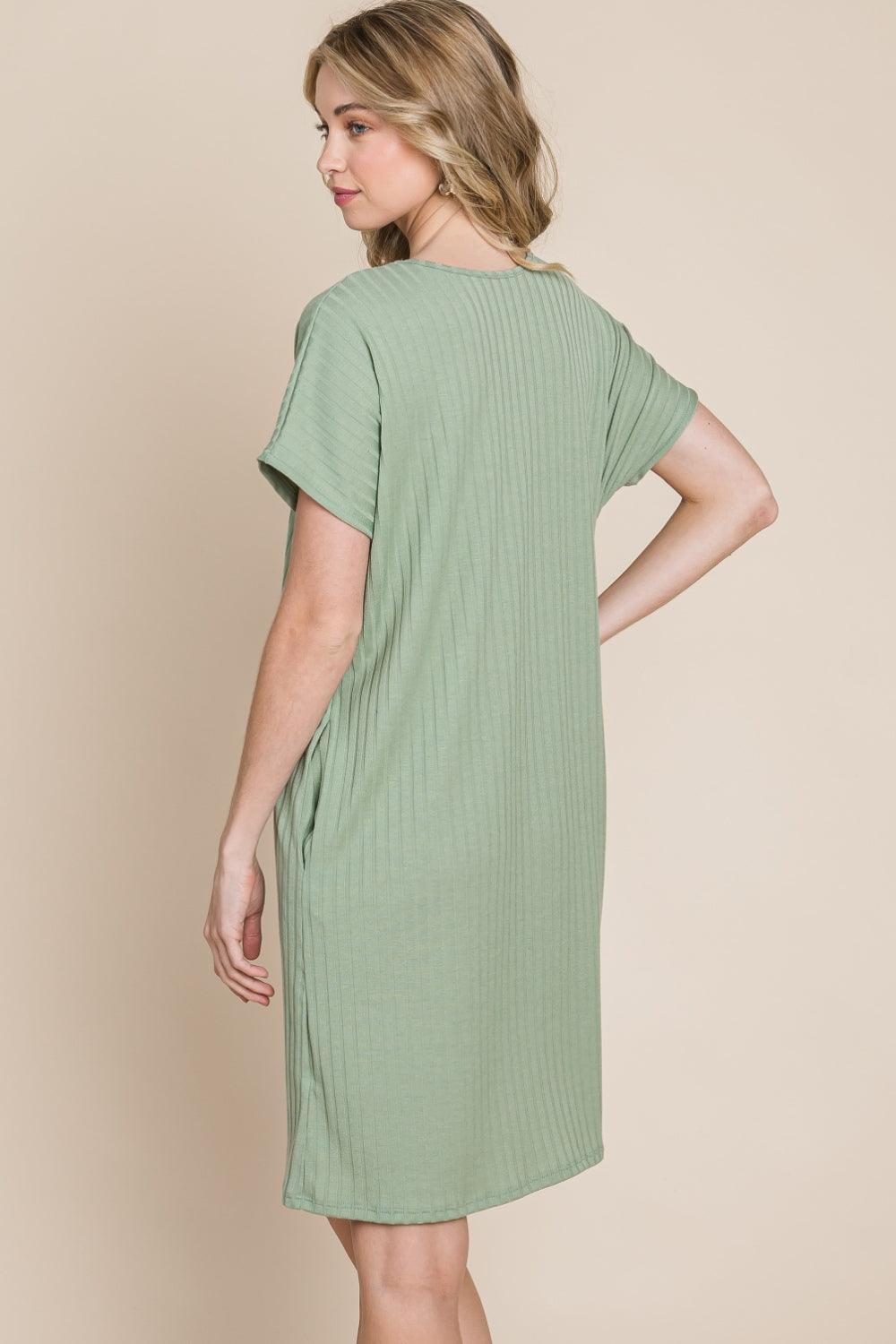 BOMBOM Ribbed Round Neck Short Sleeve Dress - ClubOn