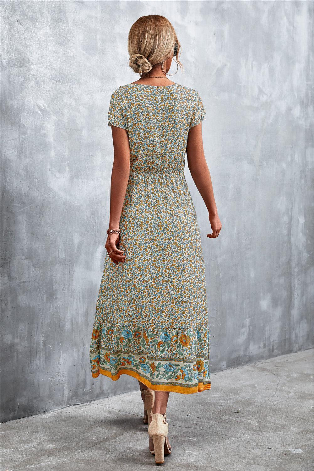 V-Neck Short Sleeve Printed Maxi Dress - ClubOn