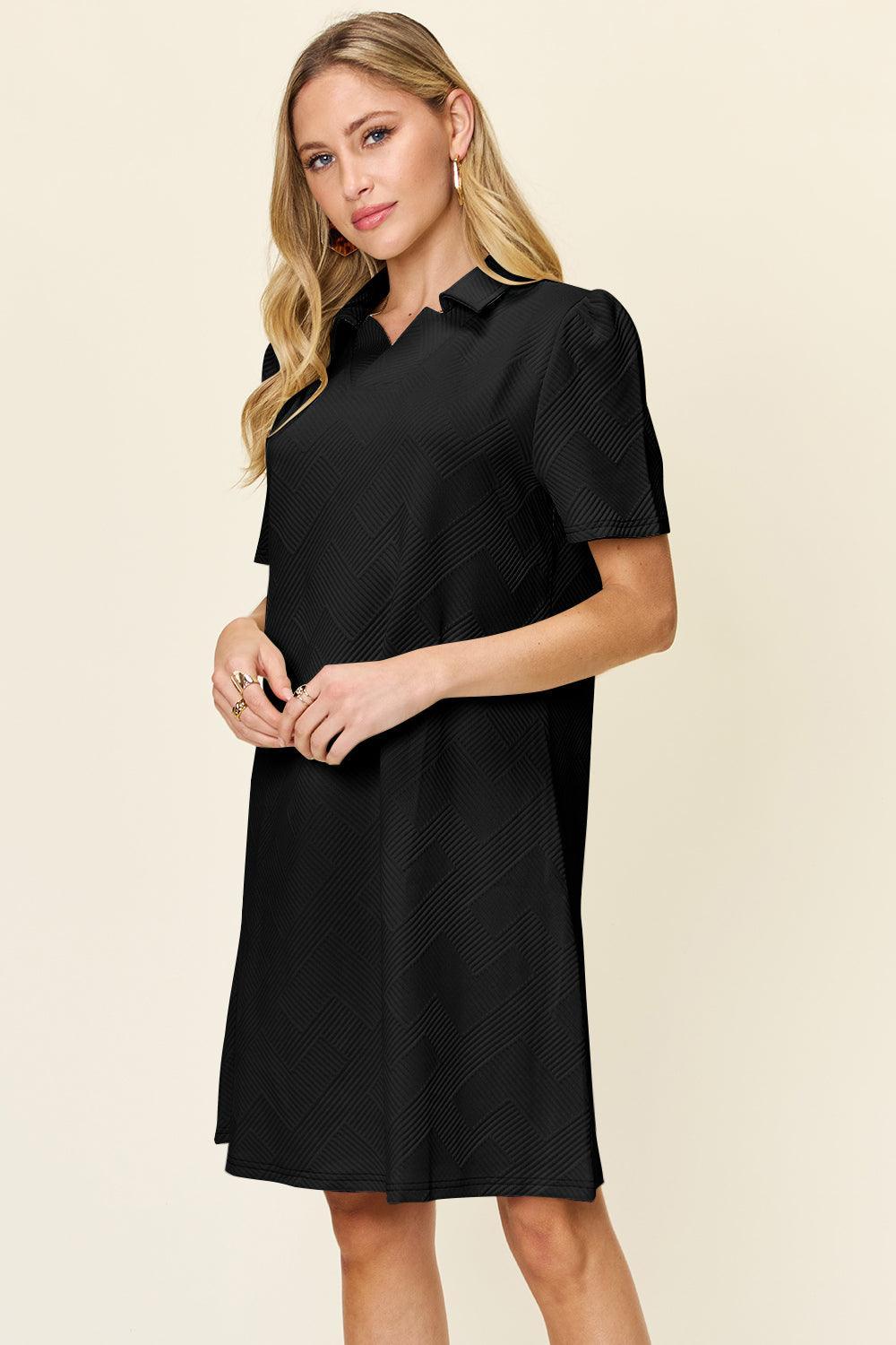 Double Take Full Size Texture Collared Neck Short Sleeve Dress - ClubOn