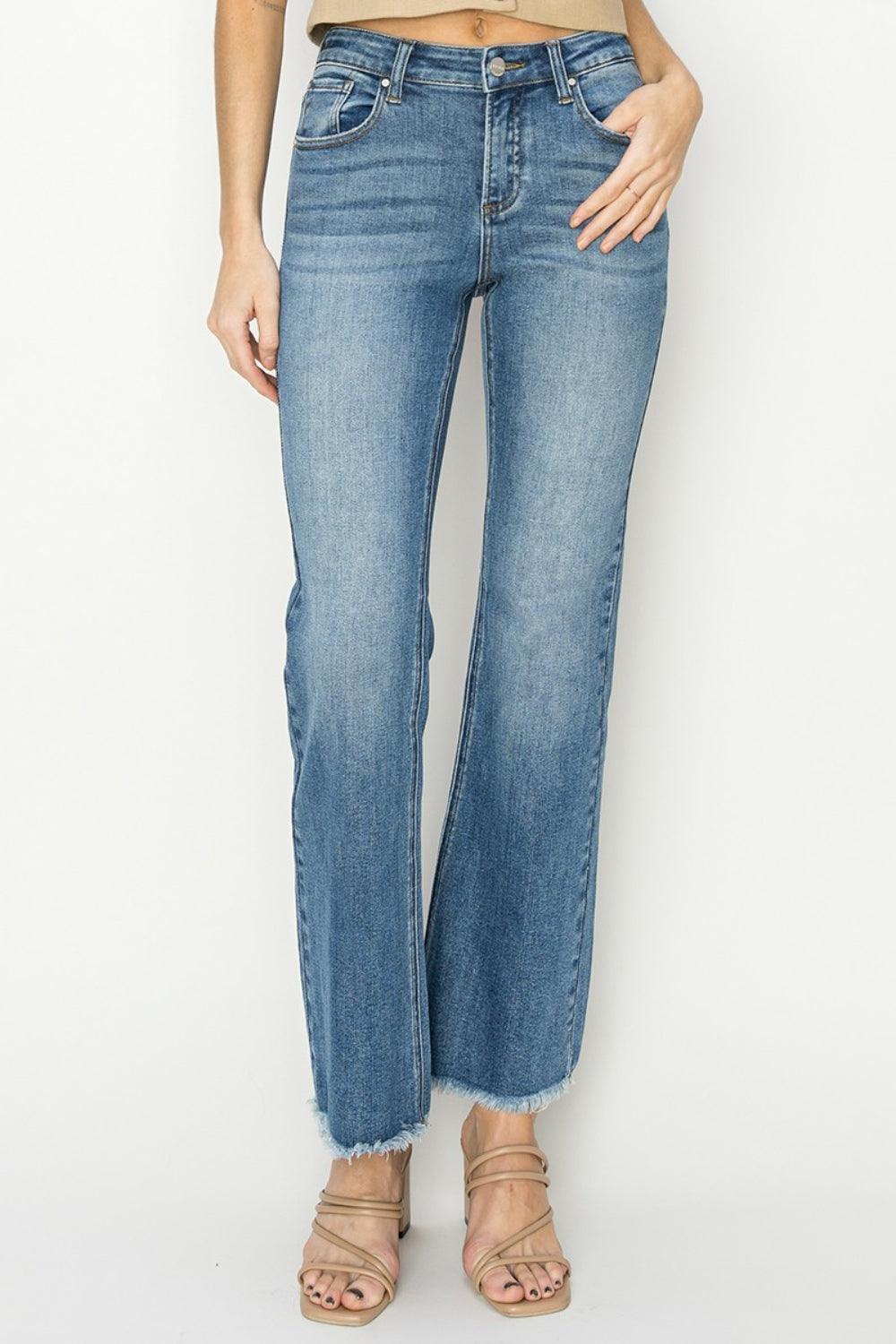 RISEN Mid-Rise Frayed Hem Bootcut Jeans - ClubOn