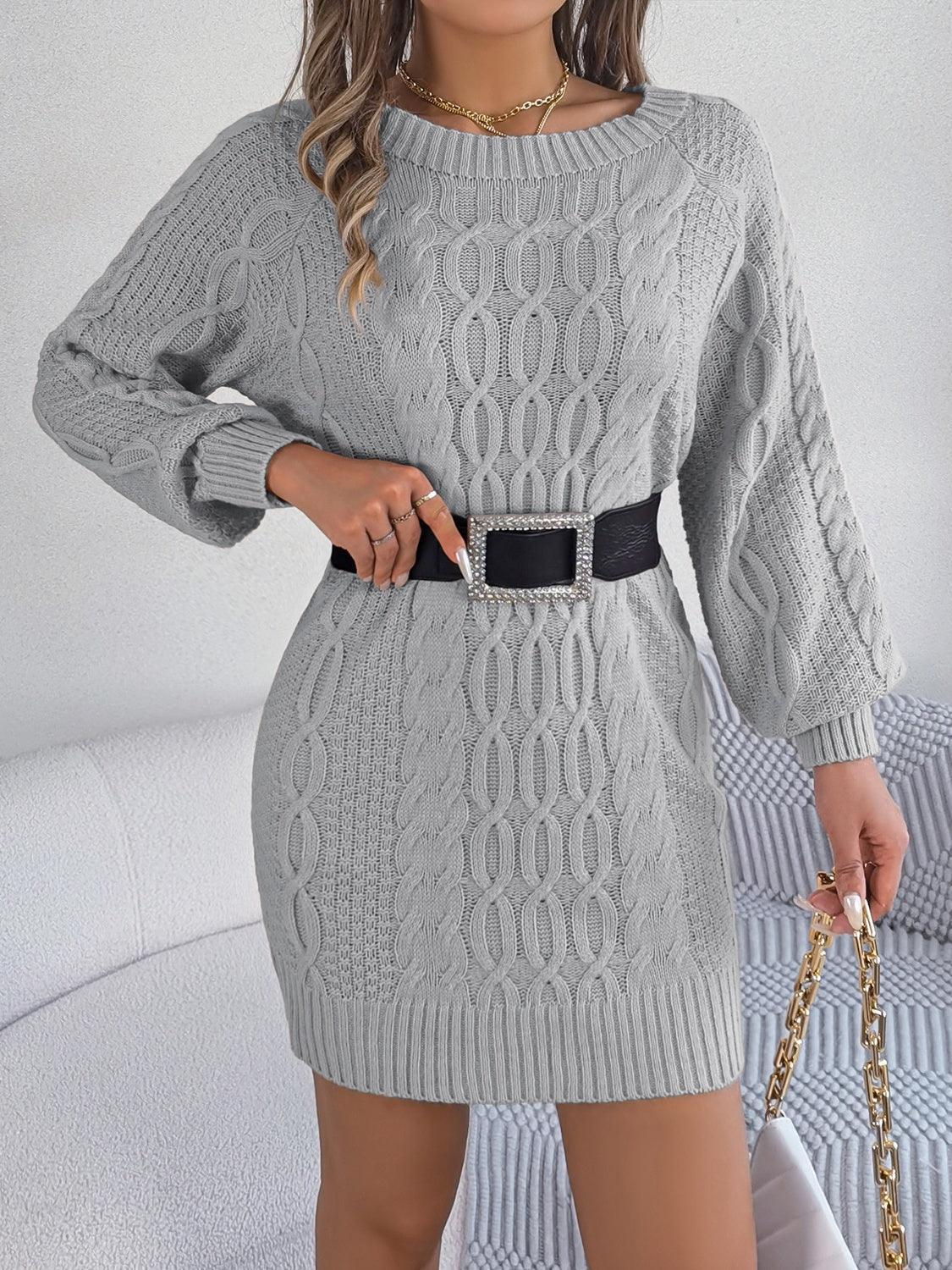 Cable-Knit Round Neck Sweater Dress - ClubOn
