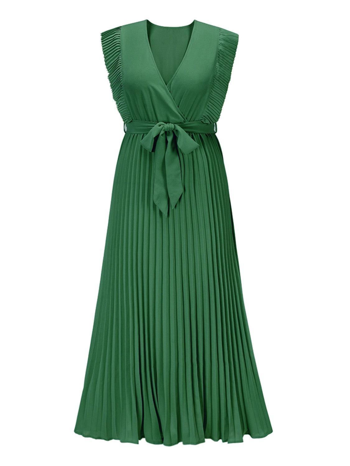 Tied Surplice Cap Sleeve Pleated Dress - ClubOn