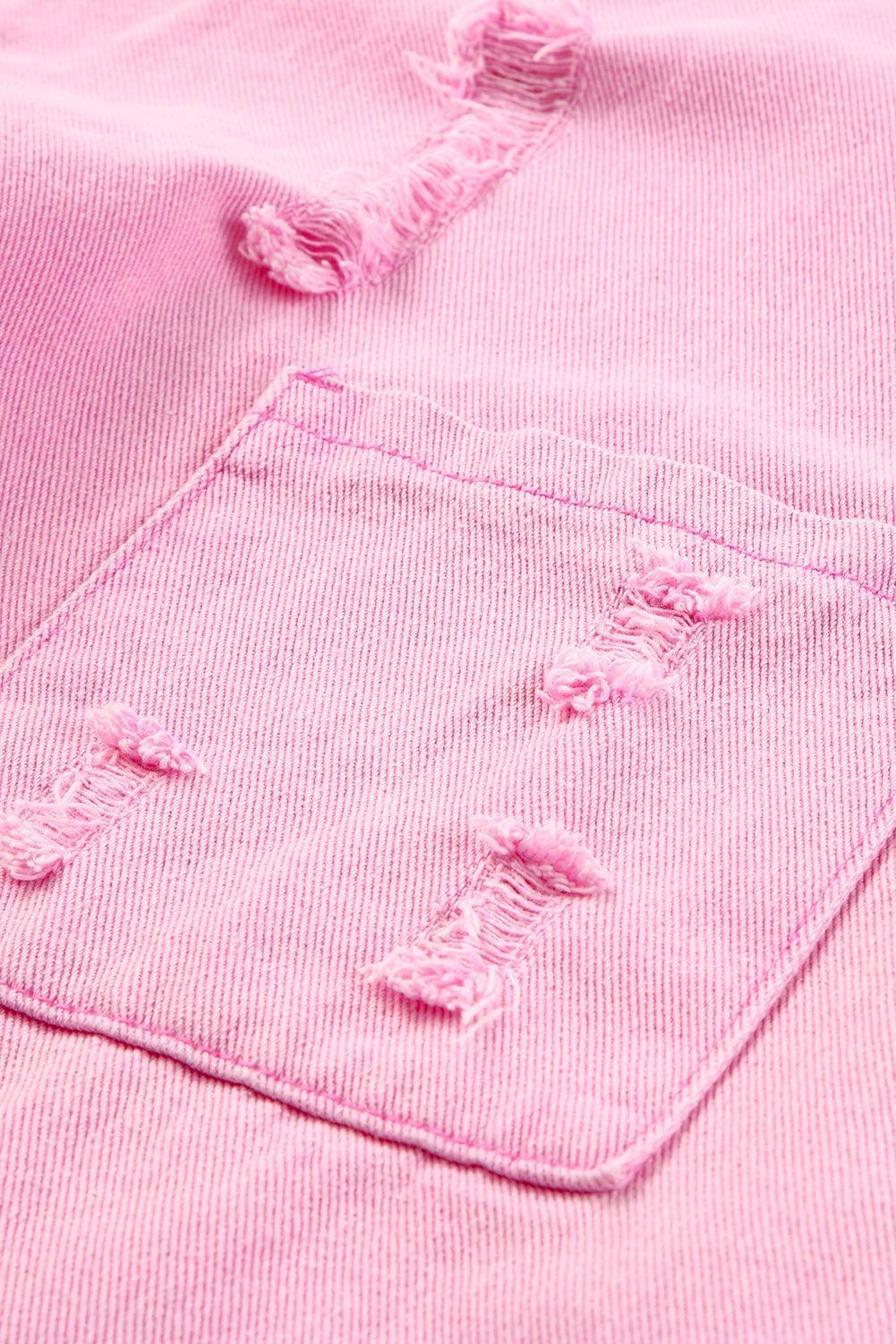 Distressed Button Up Raw Hem Denim Jacket - ClubOn