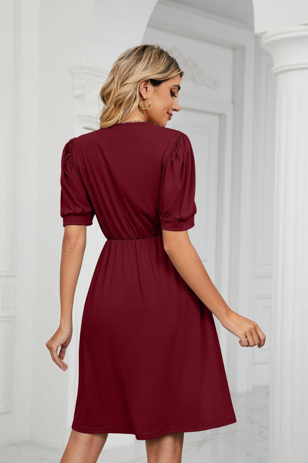 Contrast V-Neck Puff Sleeve Pocket Dress - ClubOn