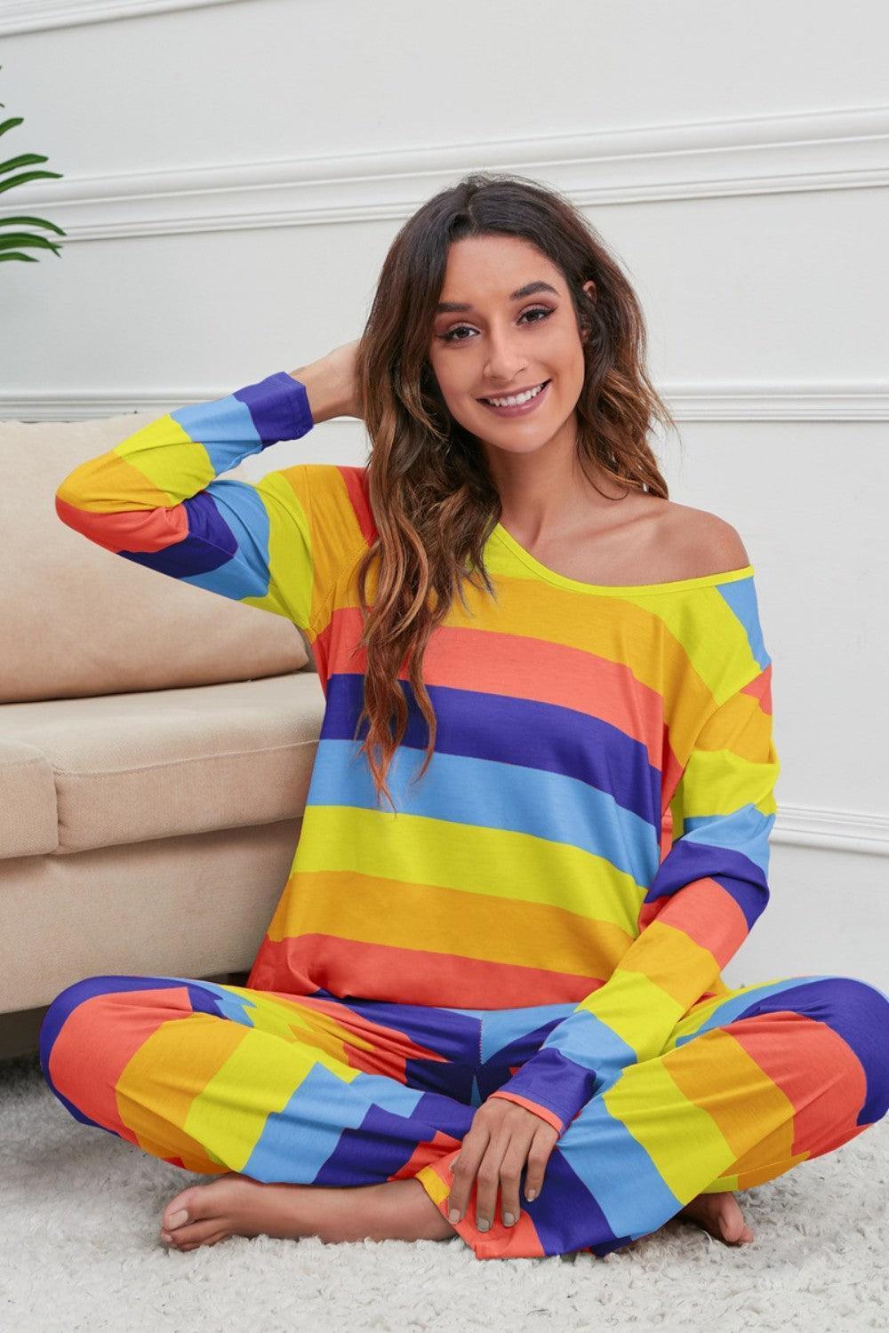 Striped Round Neck Long Sleeve Top and Drawstring Pants Lounge Set - ClubOn