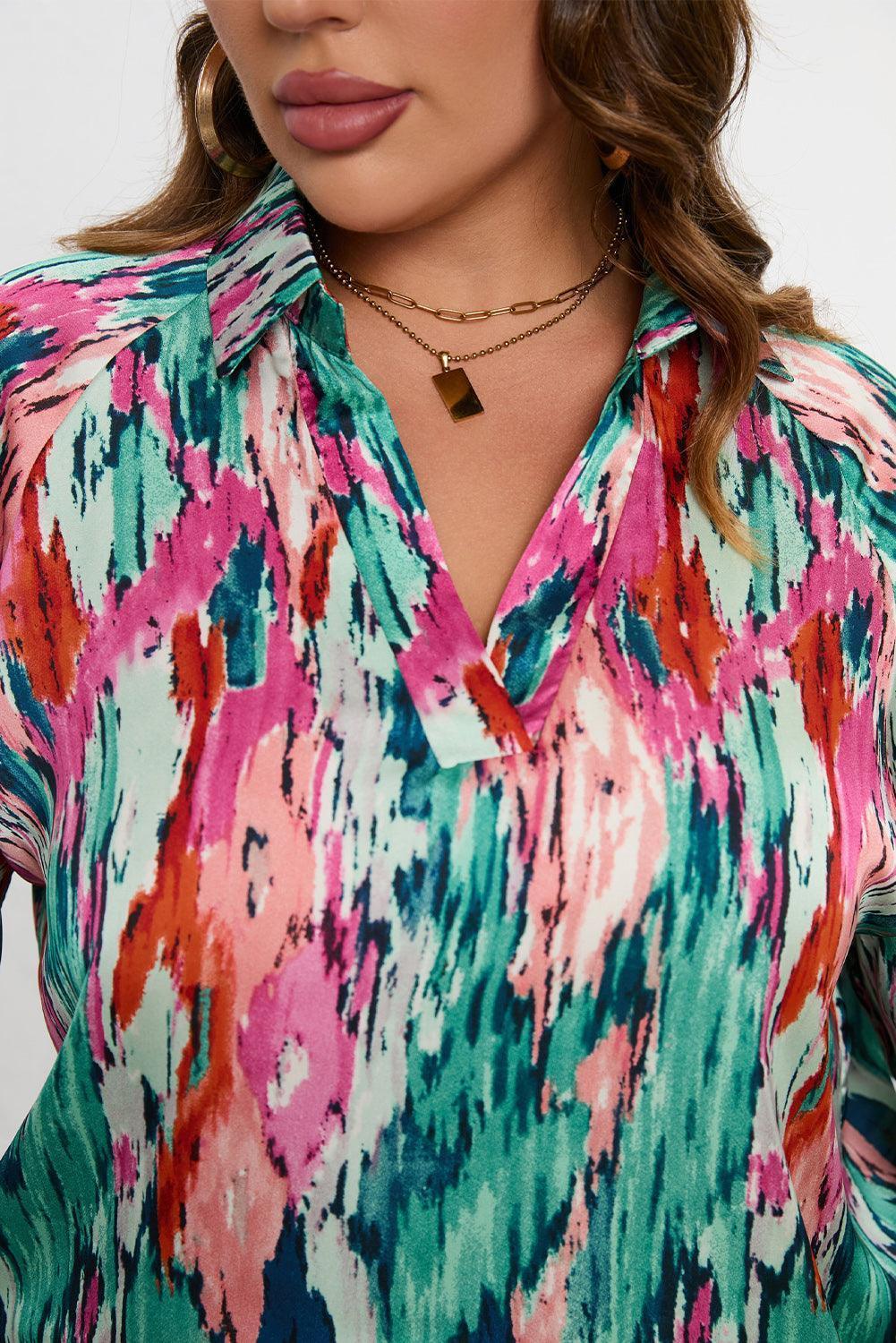 Plus Size Printed Johnny Collar Long Sleeve Blouse - ClubOn