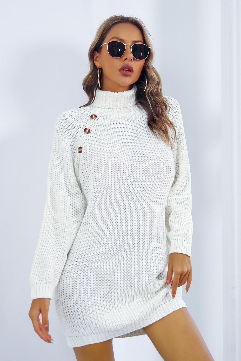 Buttoned Turtleneck Long Sleeve Sweater Dress - ClubOn