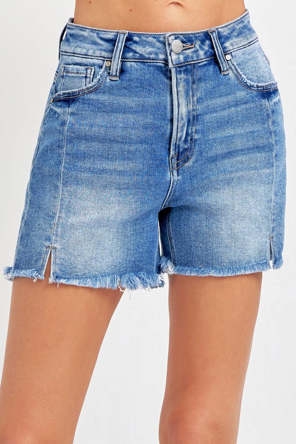 RISEN Front Slit Raw Hem Denim Shorts - ClubOn