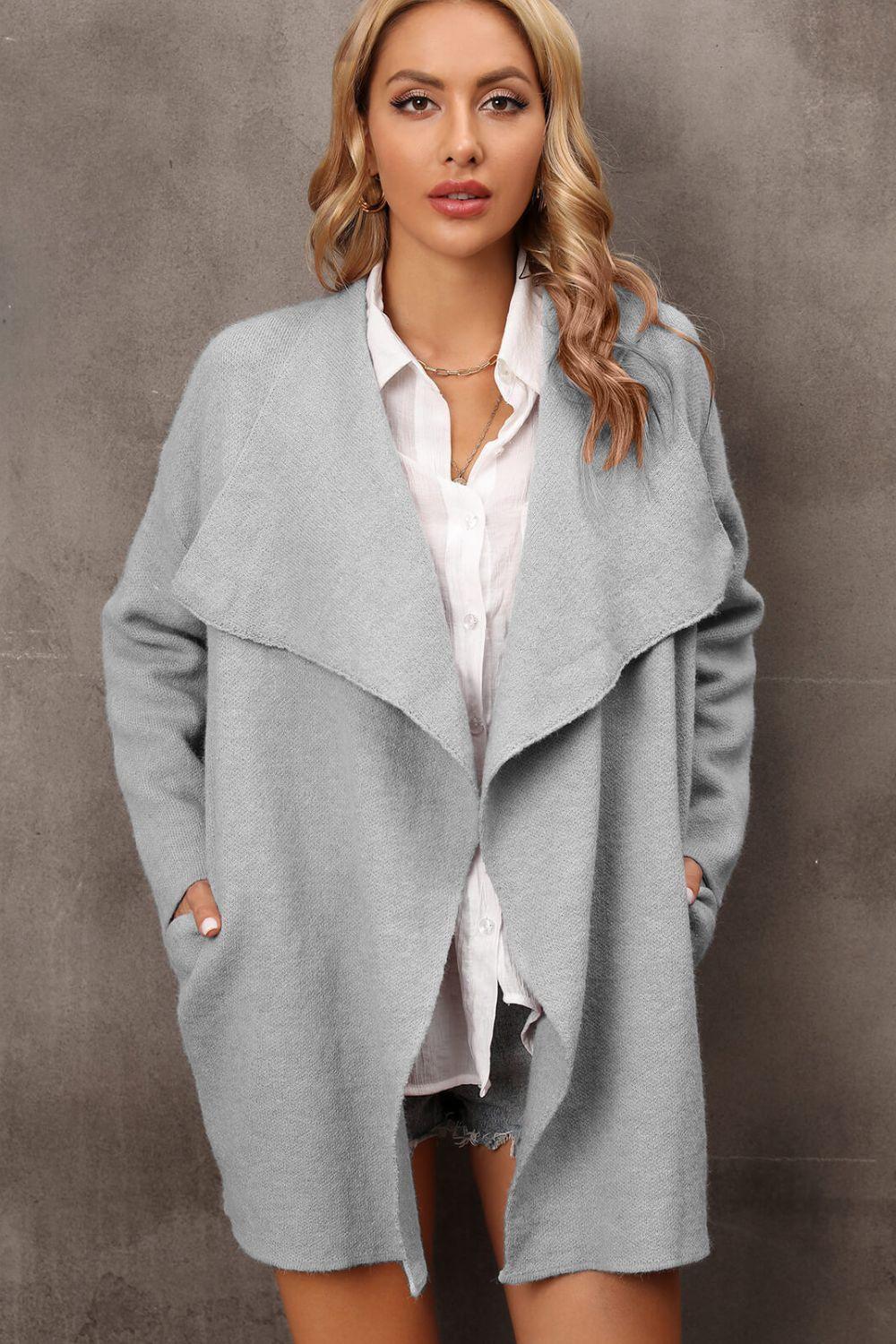 Angel Wings Waterfall Collar Longline Cardigan with Side Pockets - ClubOn