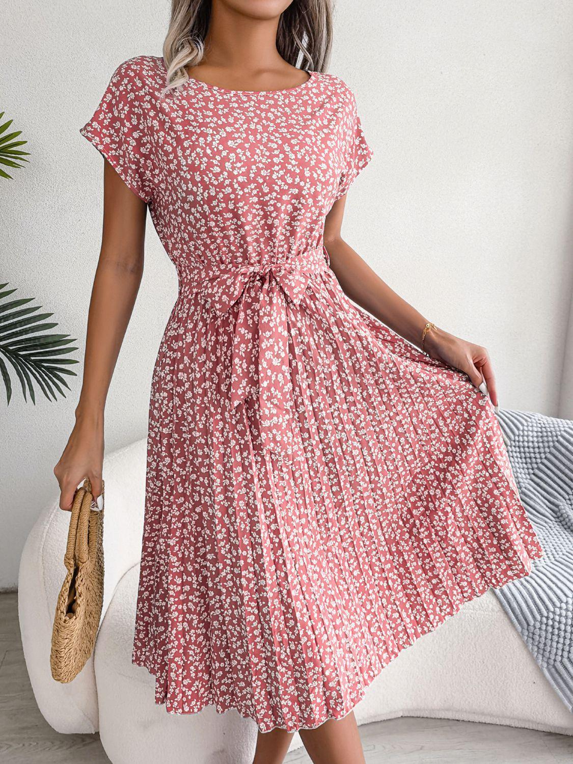 Ditsy Floral Pleated Belted Dress - ClubOn