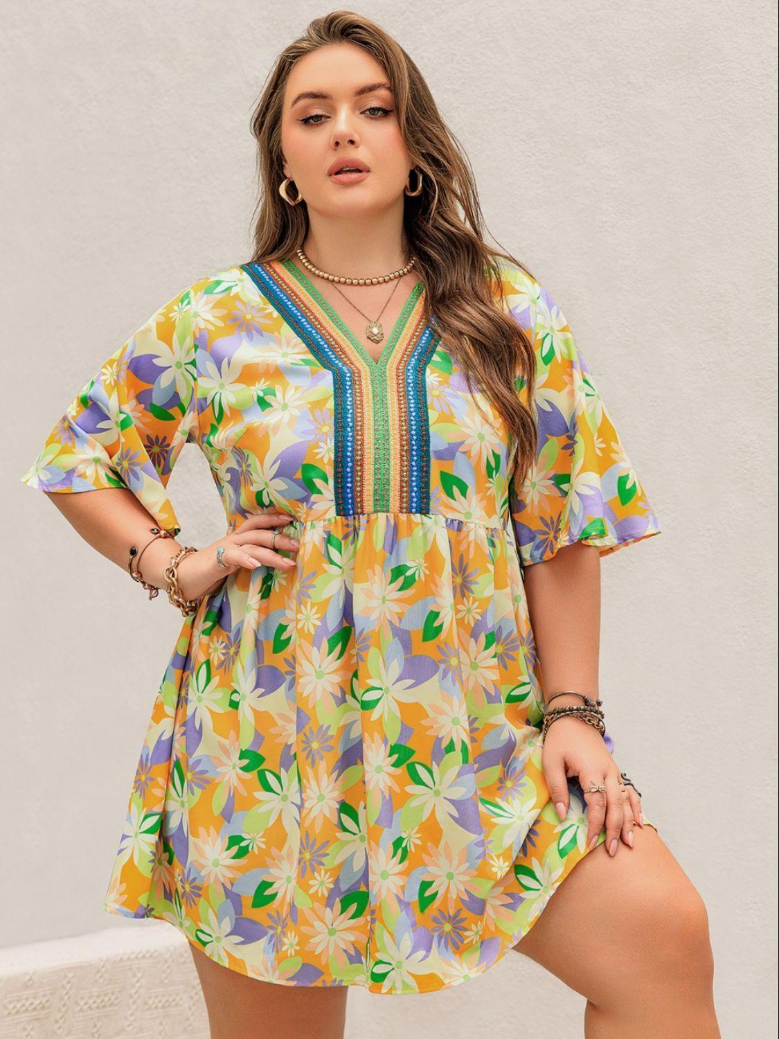 Plus Size Printed V-Neck Half Sleeve Mini Dress - ClubOn